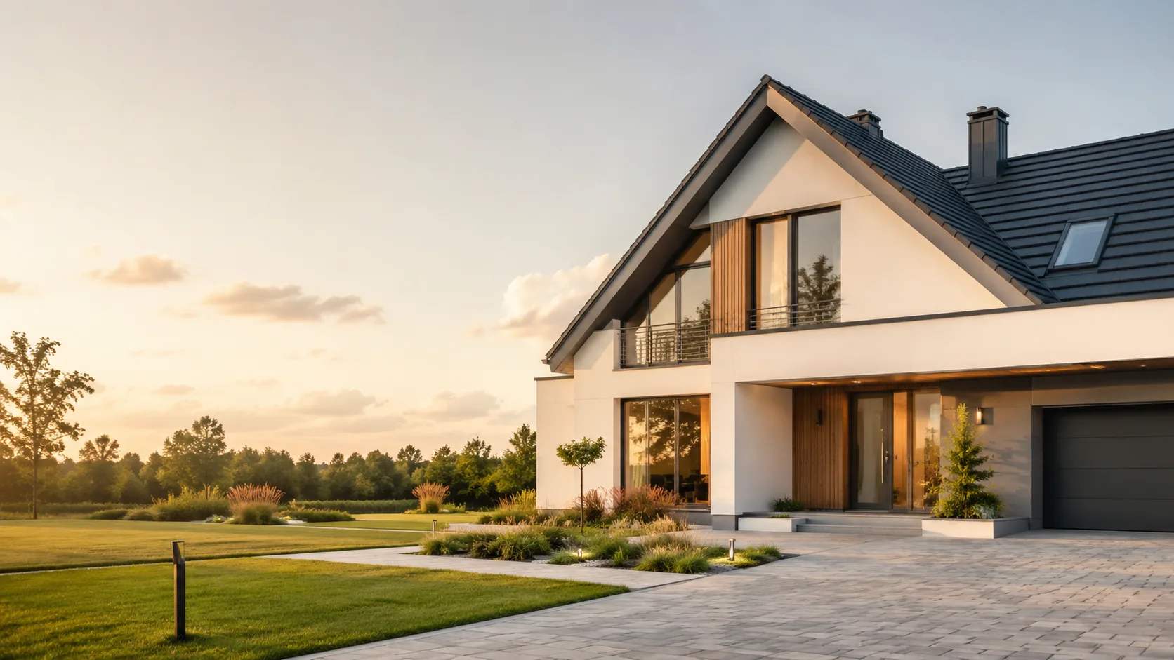 Modernes Einfamilienhaus von Bielecki Bau bei Sonnenuntergang