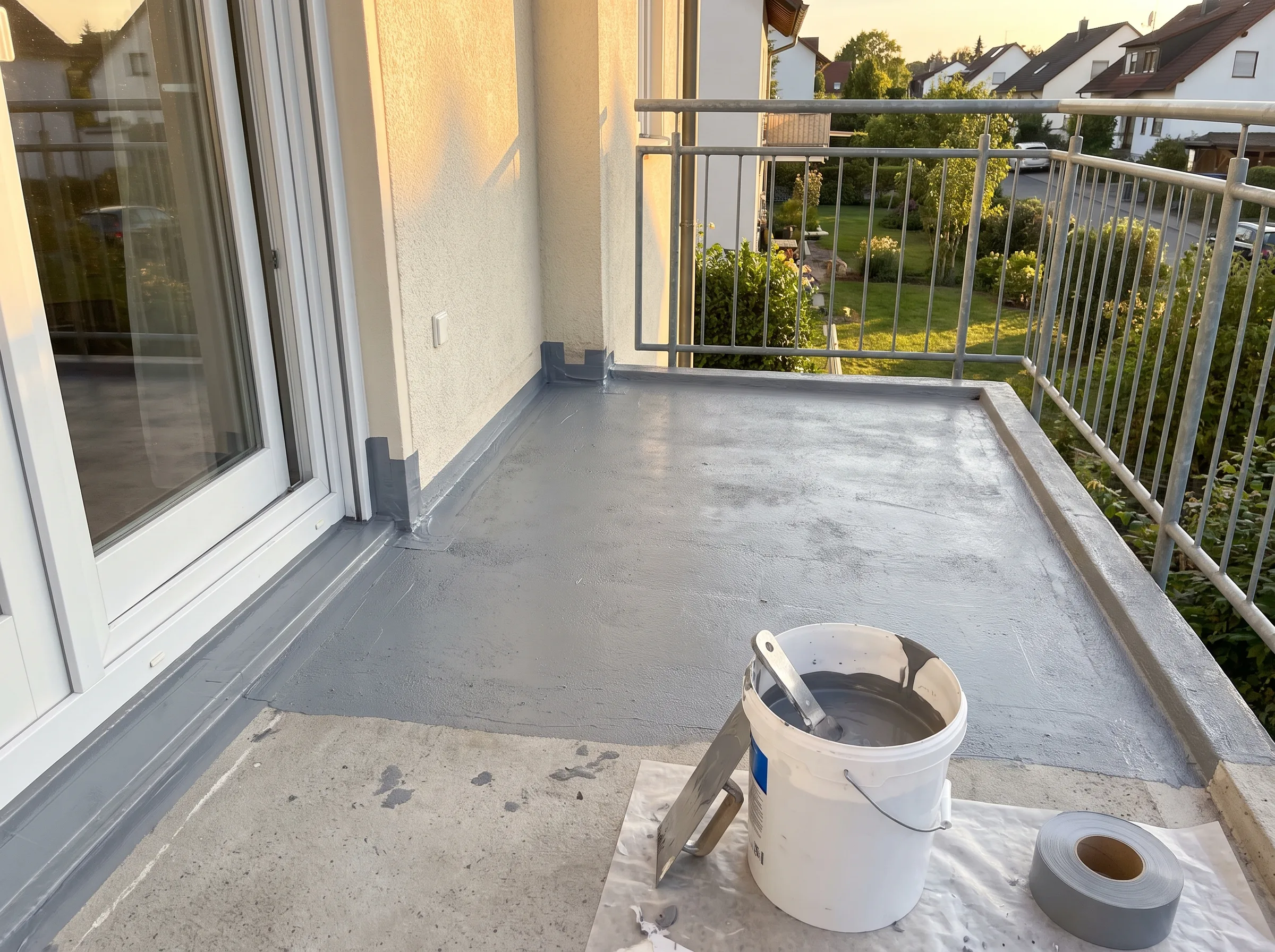 Balkon mit frisch aufgetragener Abdichtung und Malerarbeiten