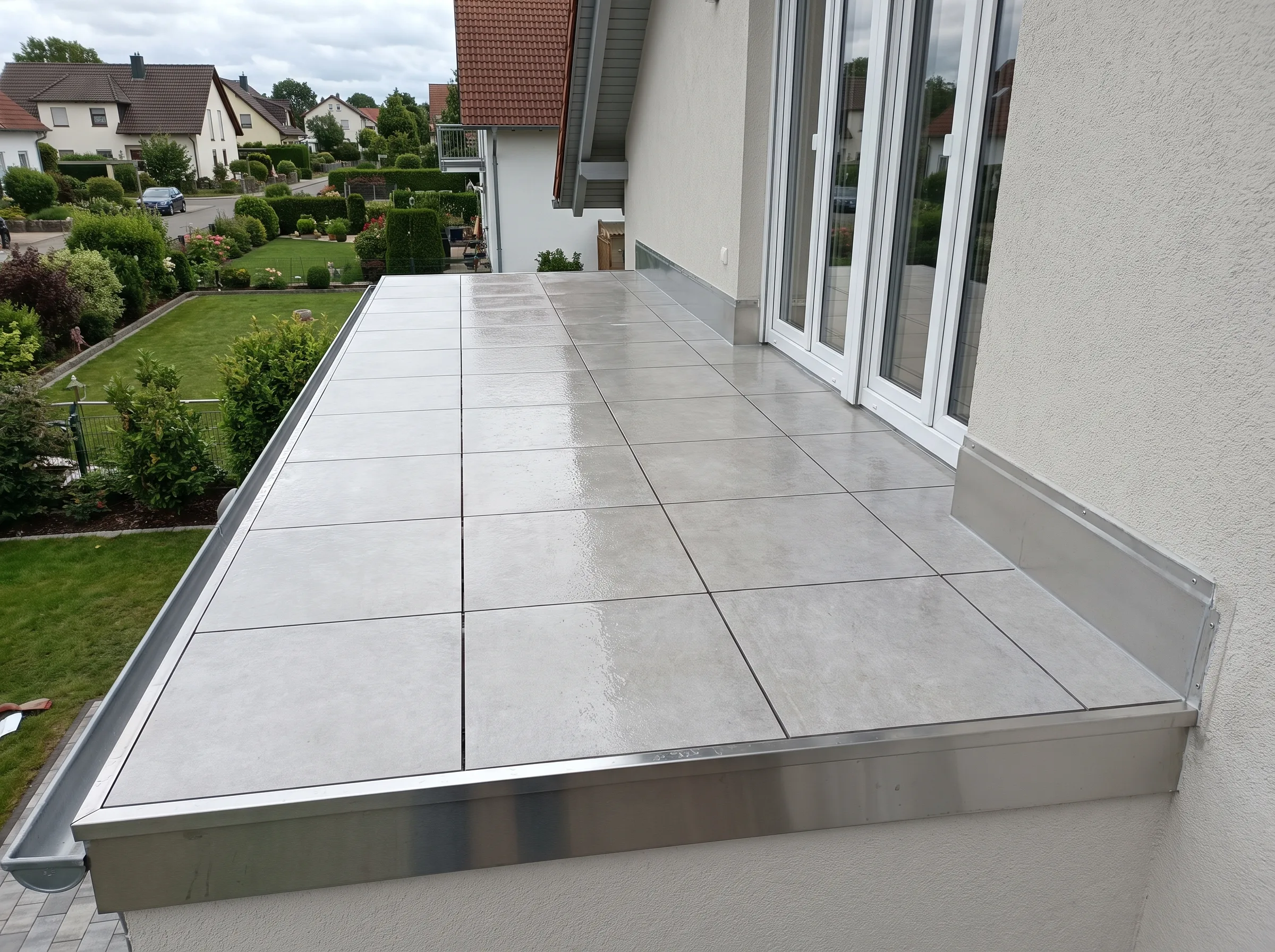 Terrasse mit großflächigen Fliesen und Edelstahlabschlusskante