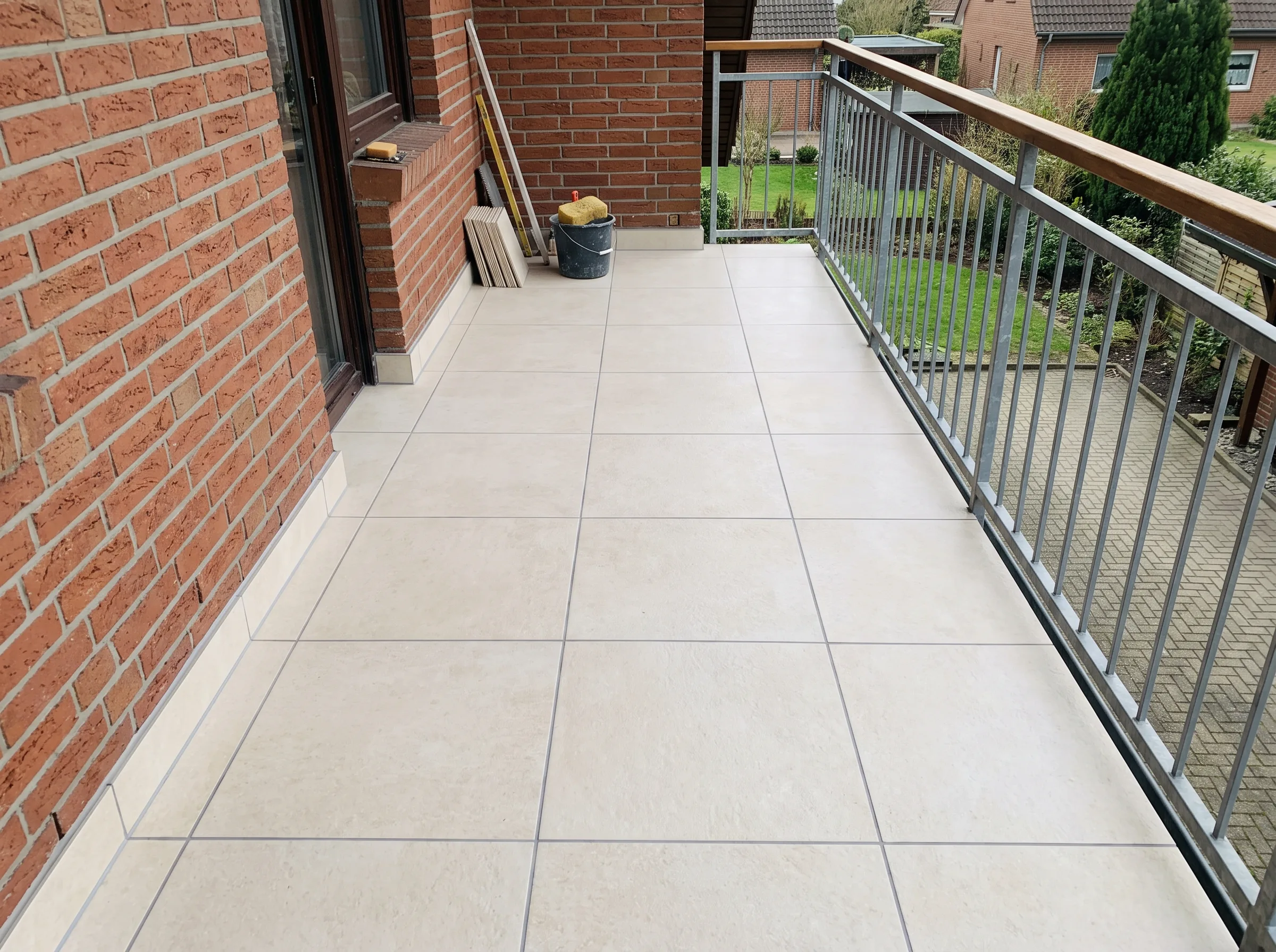 Neuer Fliesenboden auf einem Balkon mit moderner Optik und klaren Linien