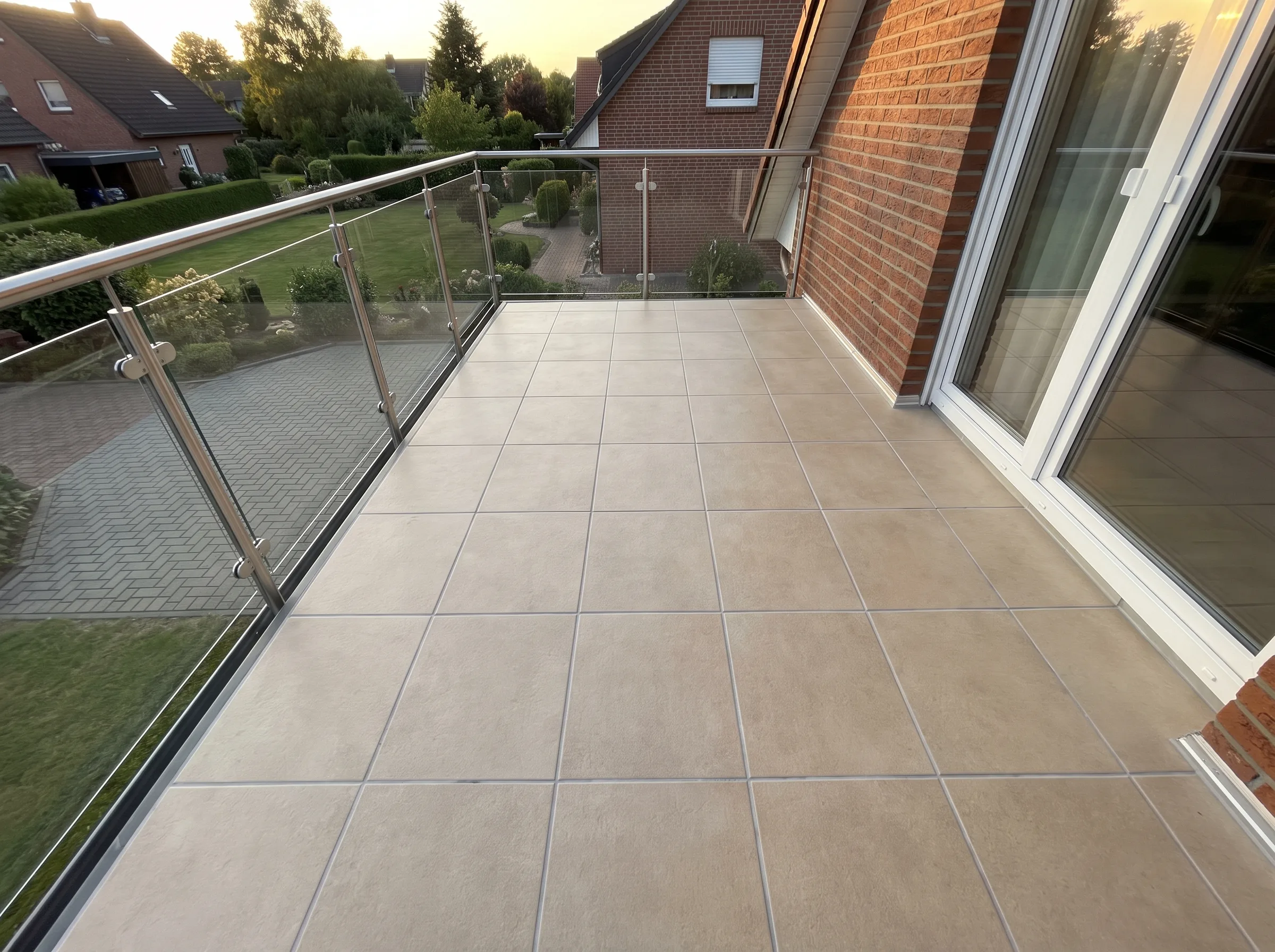Gepflasterte Terrasse mit modernen Fliesen und Geländer