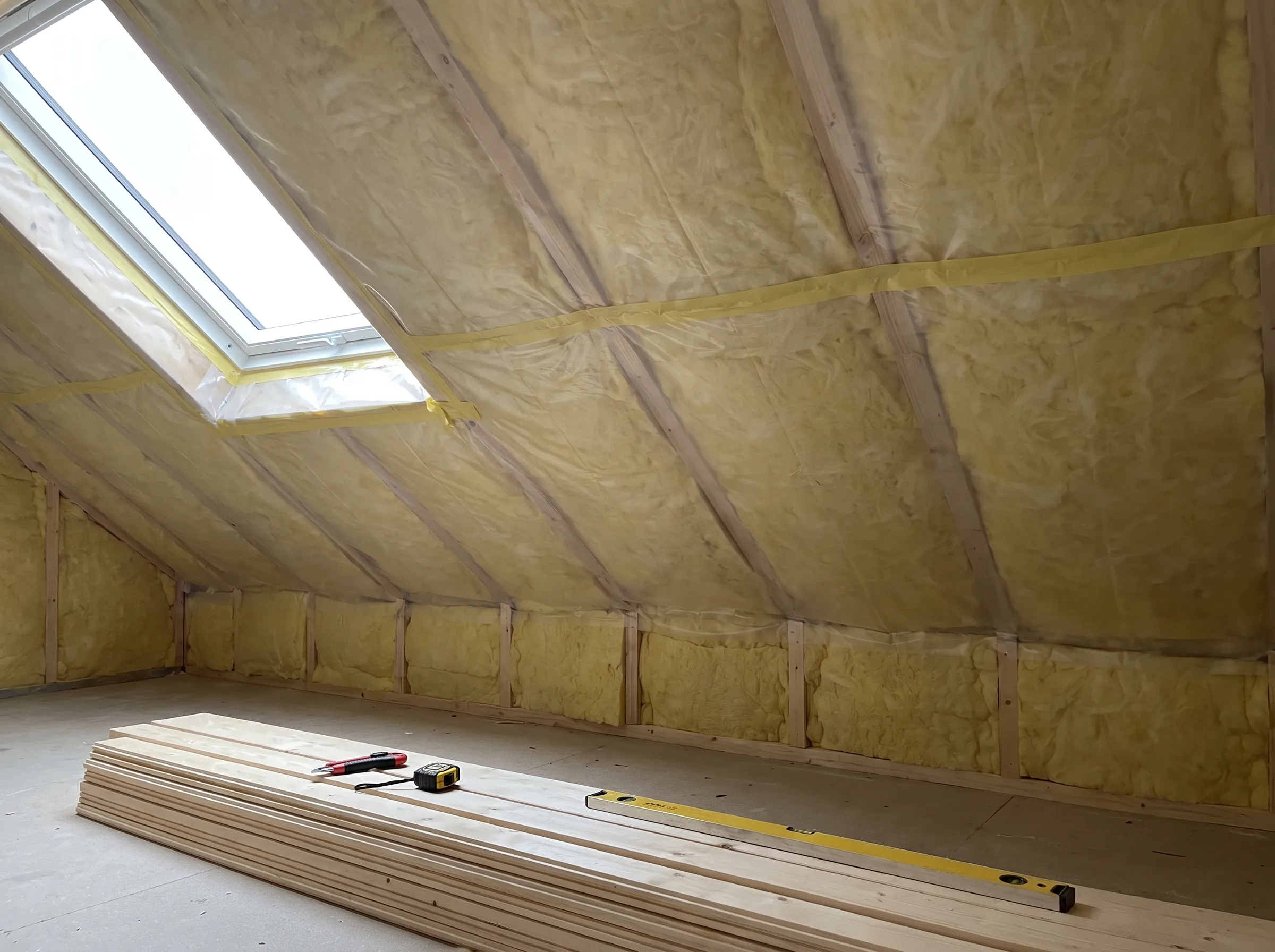 Innenansicht eines Dachraums mit Wärmedämmung und Holzlatten für den Trockenbau