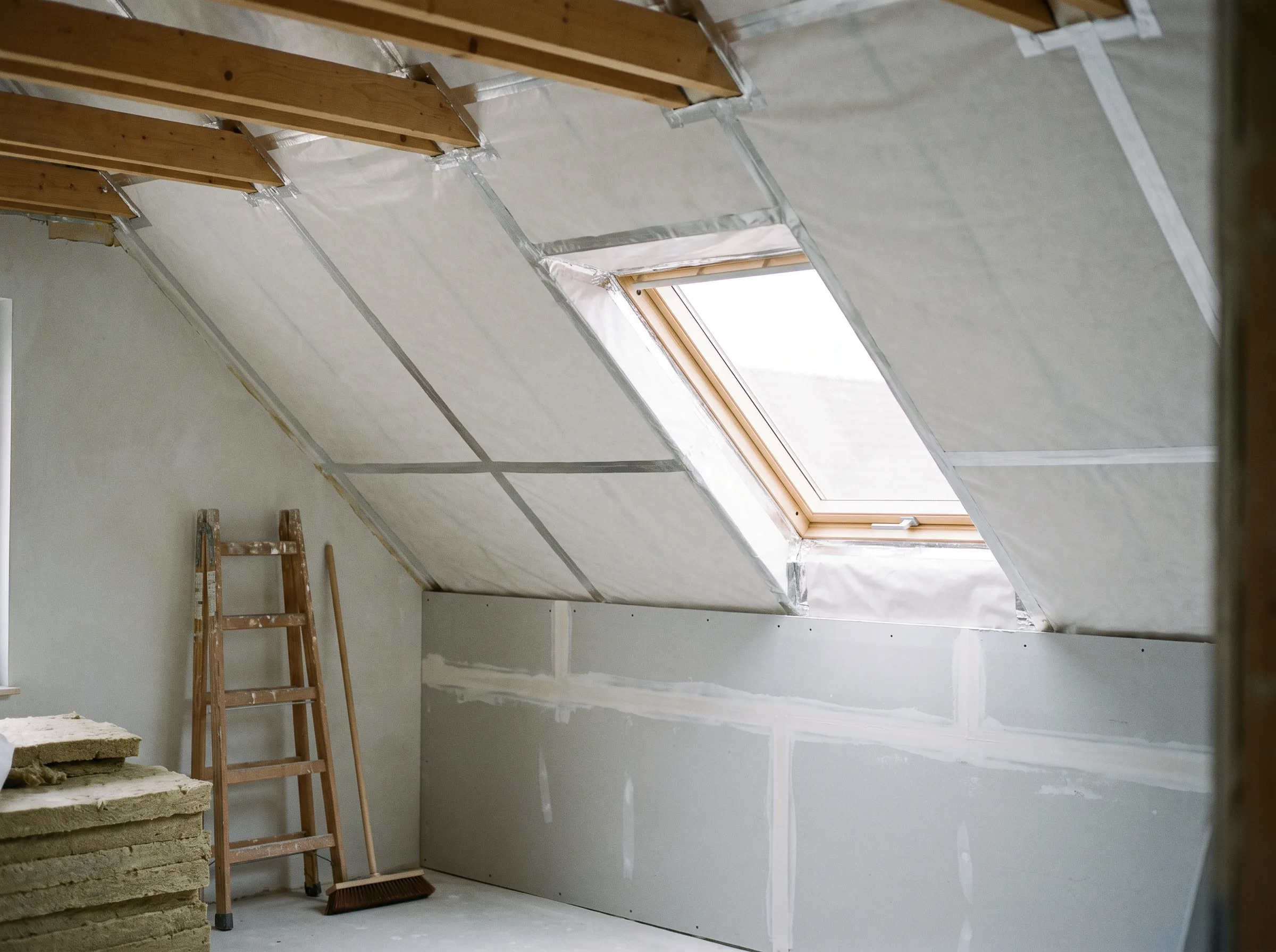 Innenansicht einer Dachisolierung mit Fenstereinbau und Trockenbauarbeiten