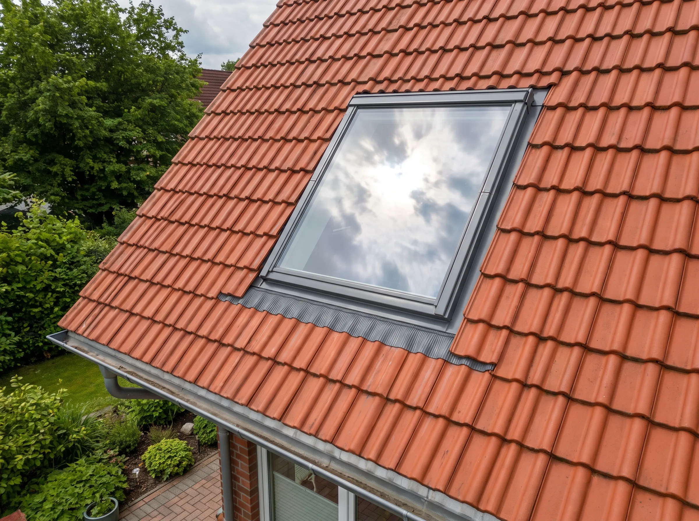 Dachfenster in einem roten Ziegeldach mit einem klaren Blick auf den Himmel