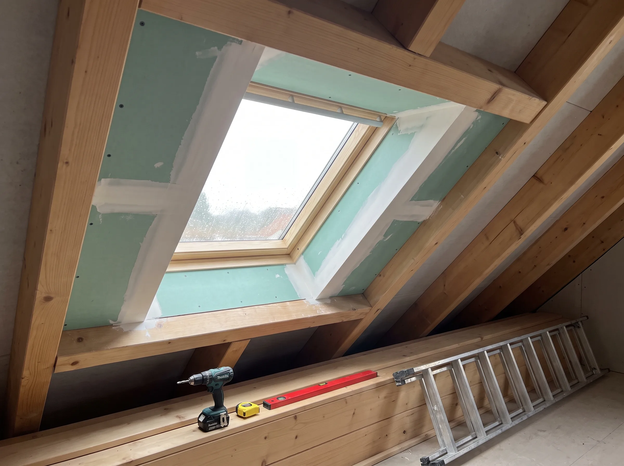Fensterinstallation unter dem Dach mit Holzkonstruktion und Werkzeug