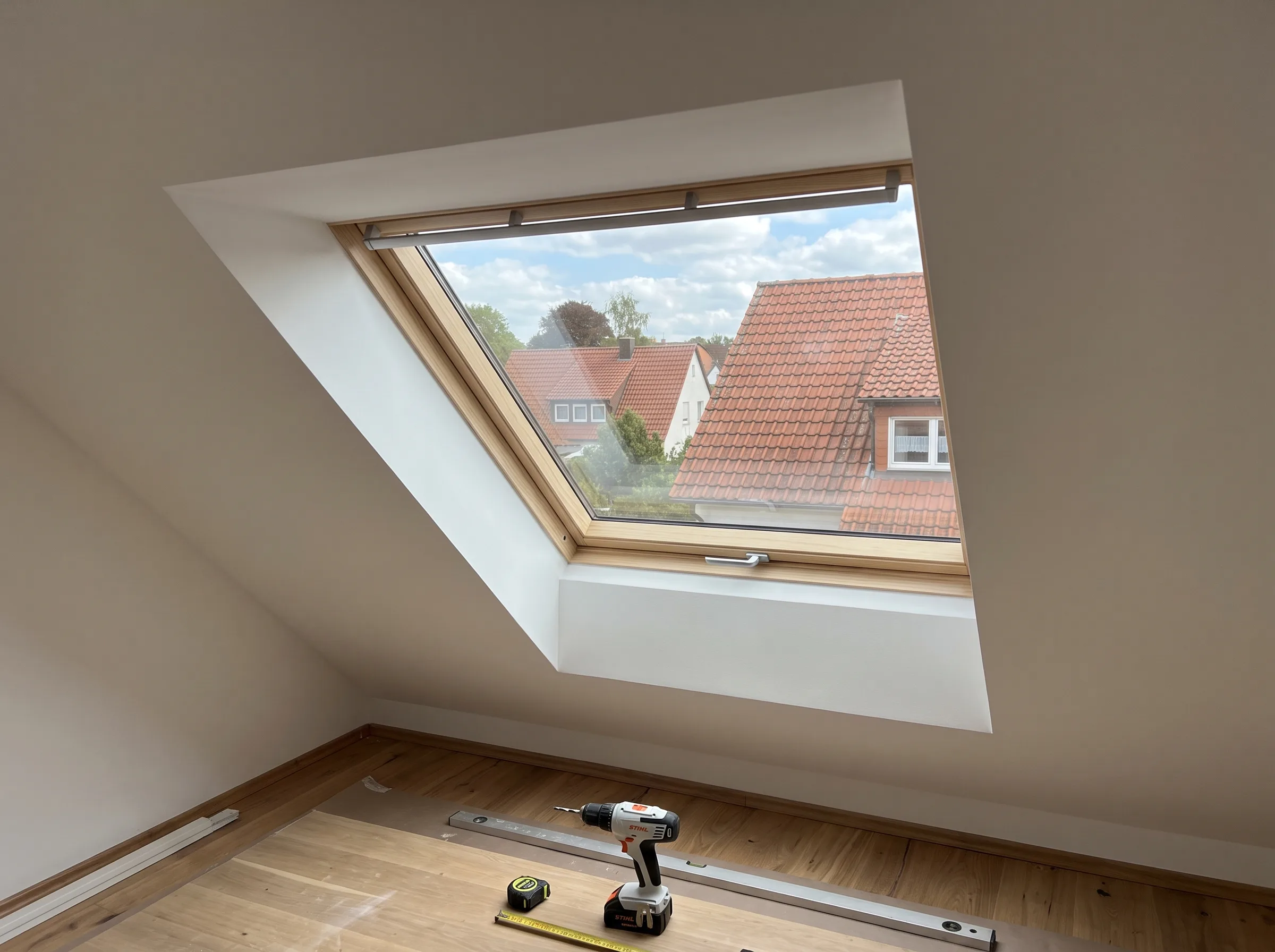Dachfenster in einem modernen Raum mit Holzrahmen und Blick auf das Dach