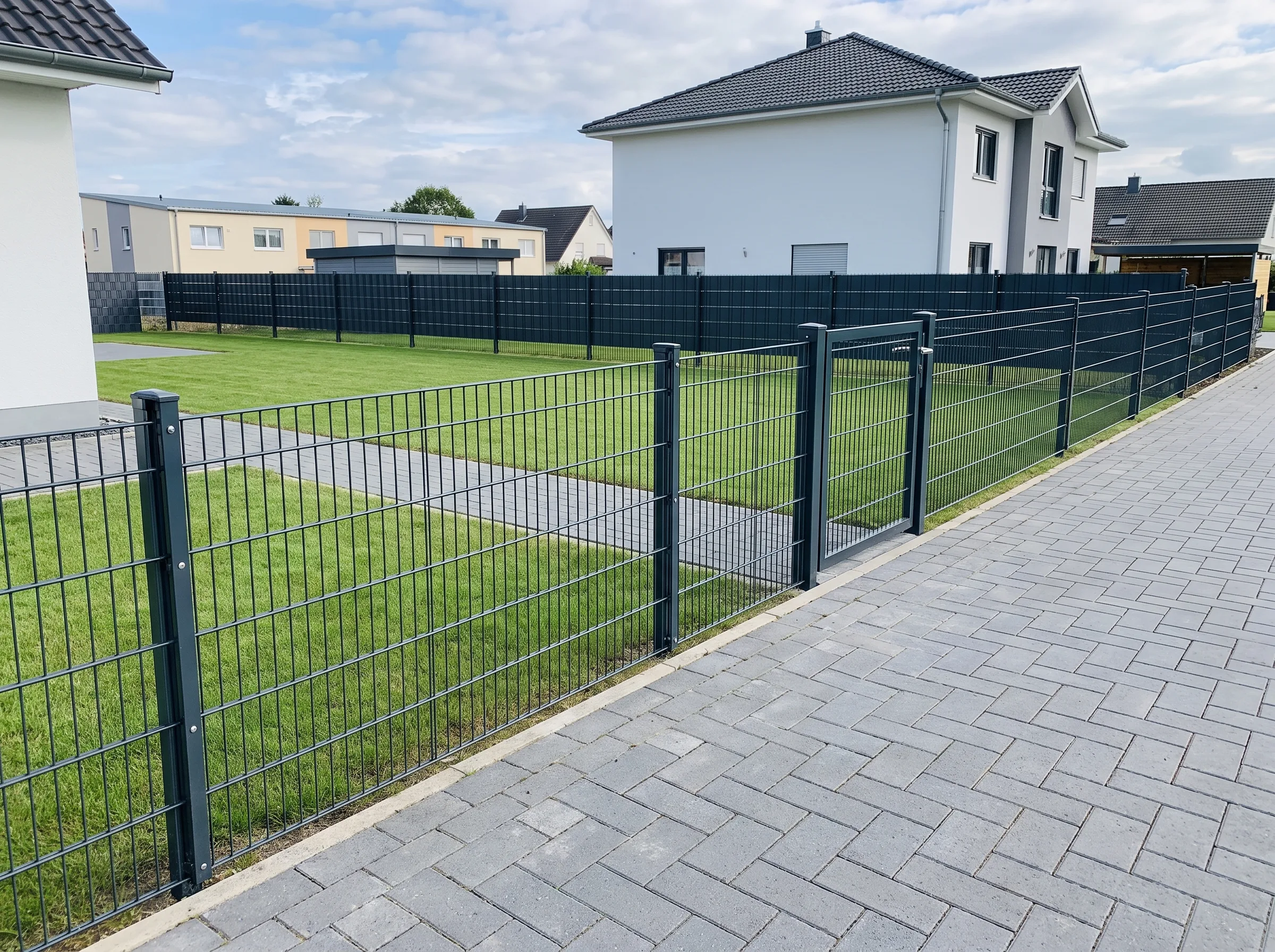 Zaunbau mit modernen Doppelstabmattenzaun umgeben von einem gepflegten Garten