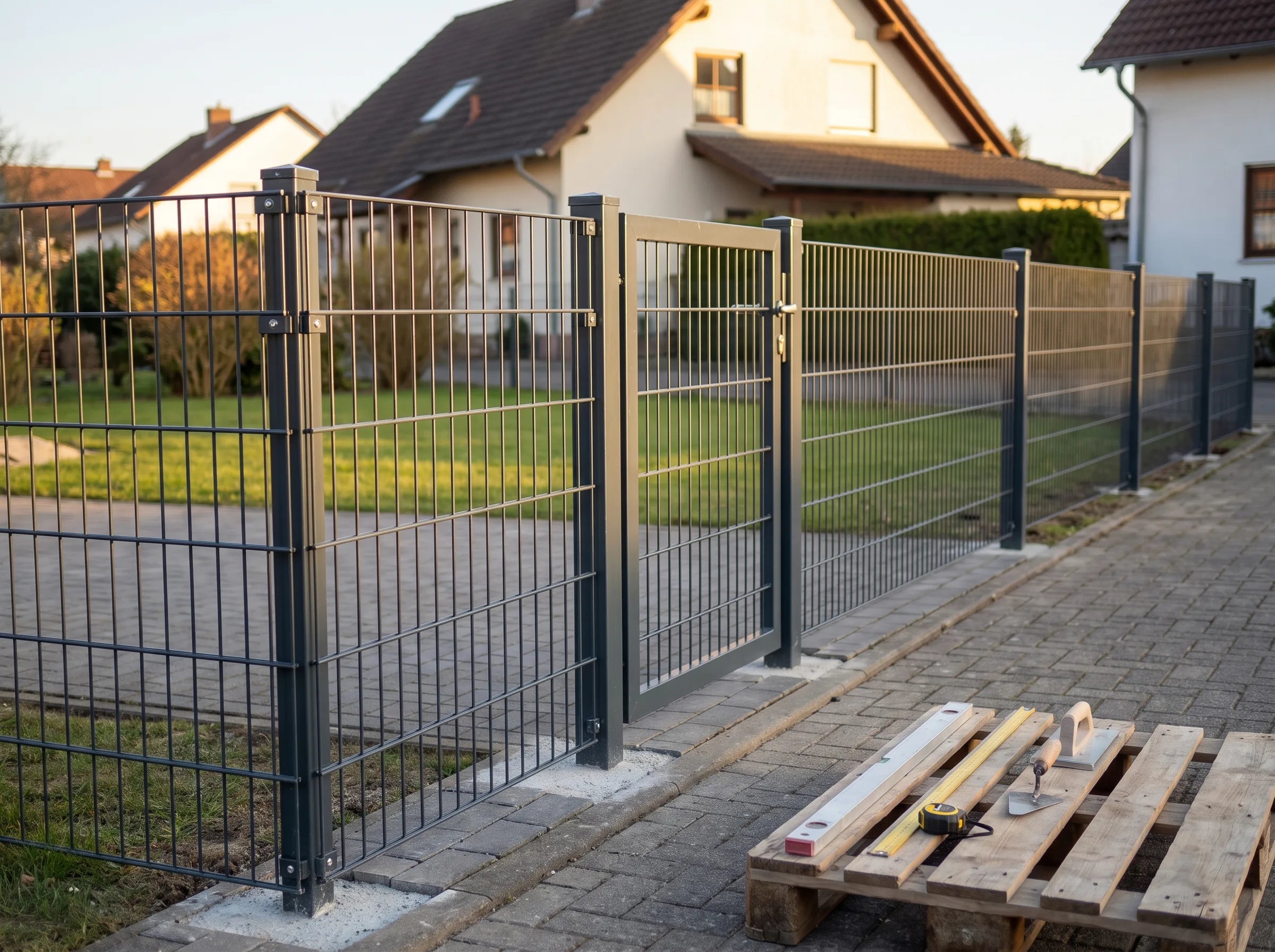 Zaunbau mit Doppelstabmattenzaun in einer Wohngegend