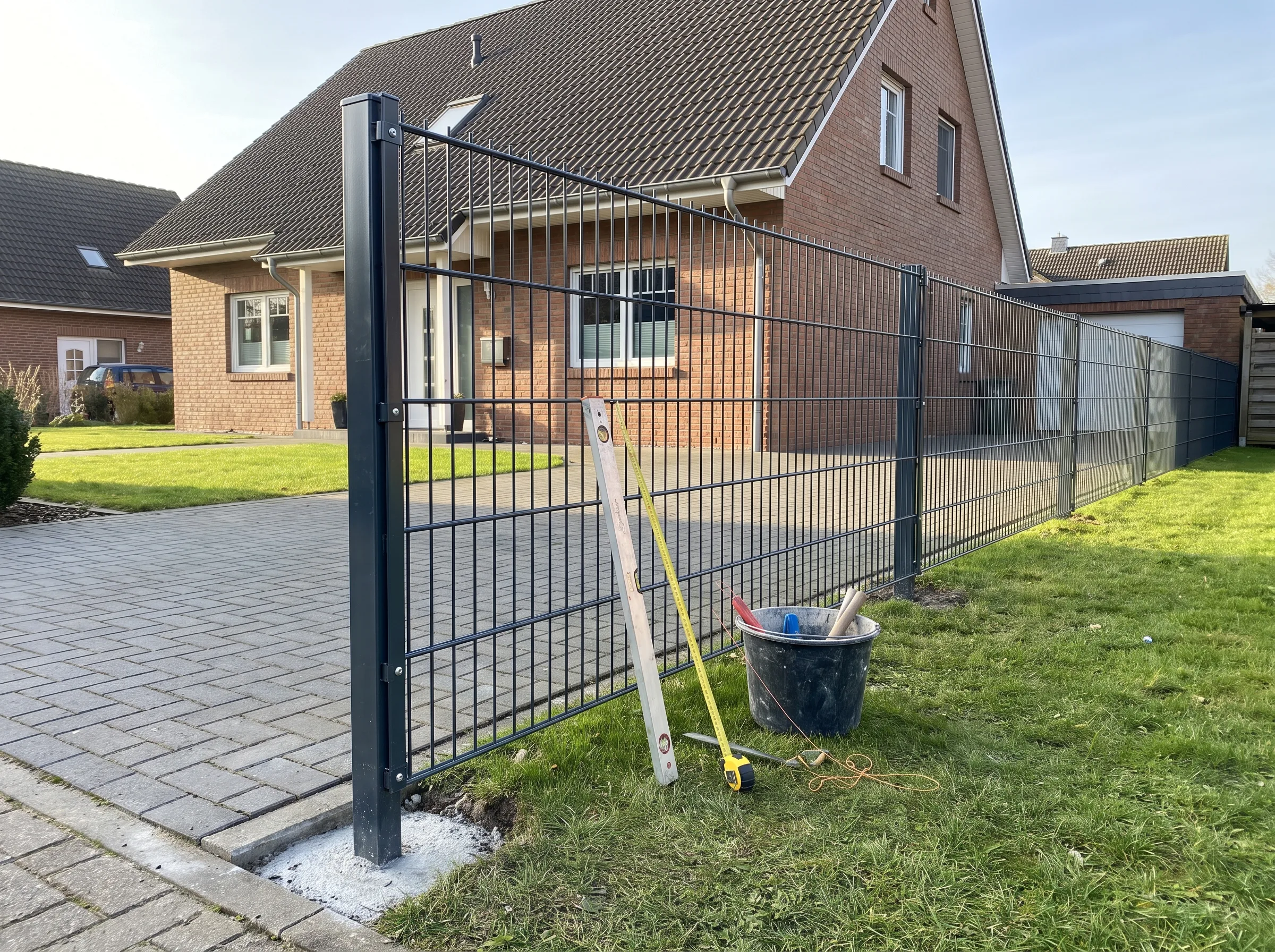 Neubau eines Gartenzauns aus Doppelstabmatten mit Zählwerkzeugen
