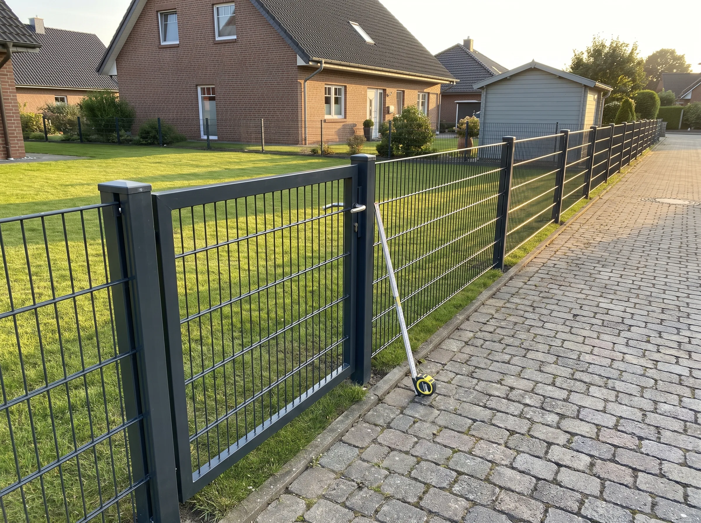Zaunbau mit Doppelstabmattenzaun in einem Wohngebiet