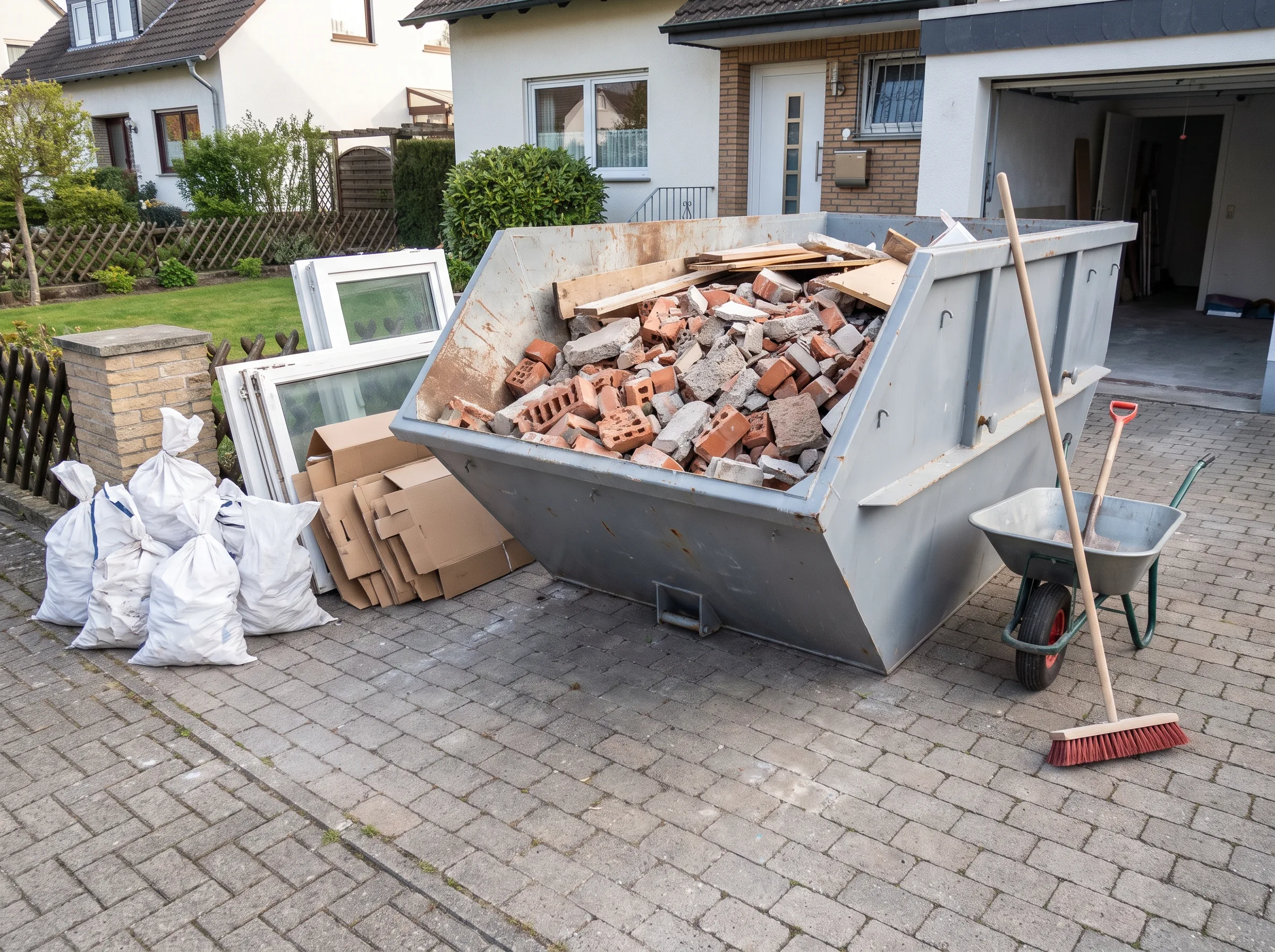 Baustelle mit einer Abfallmulde, umgeben von Bauabfällen und Werkzeugen