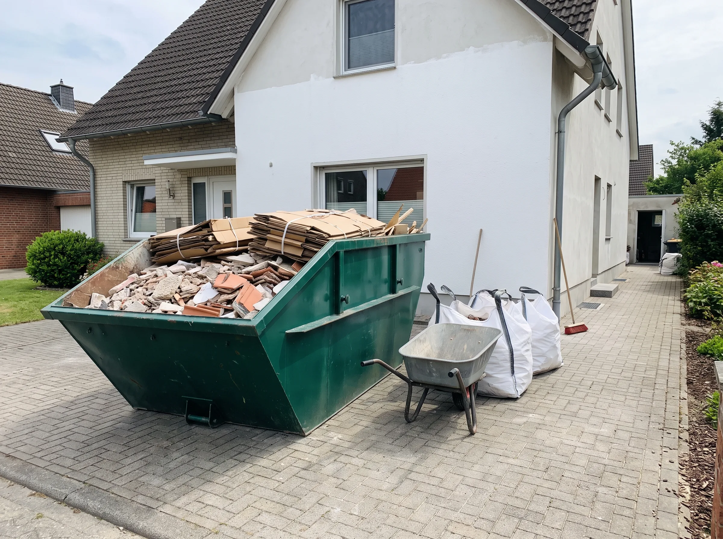 Baustelle mit Abfallcontainer und Baustellenmaterialien auf der Auffahrt