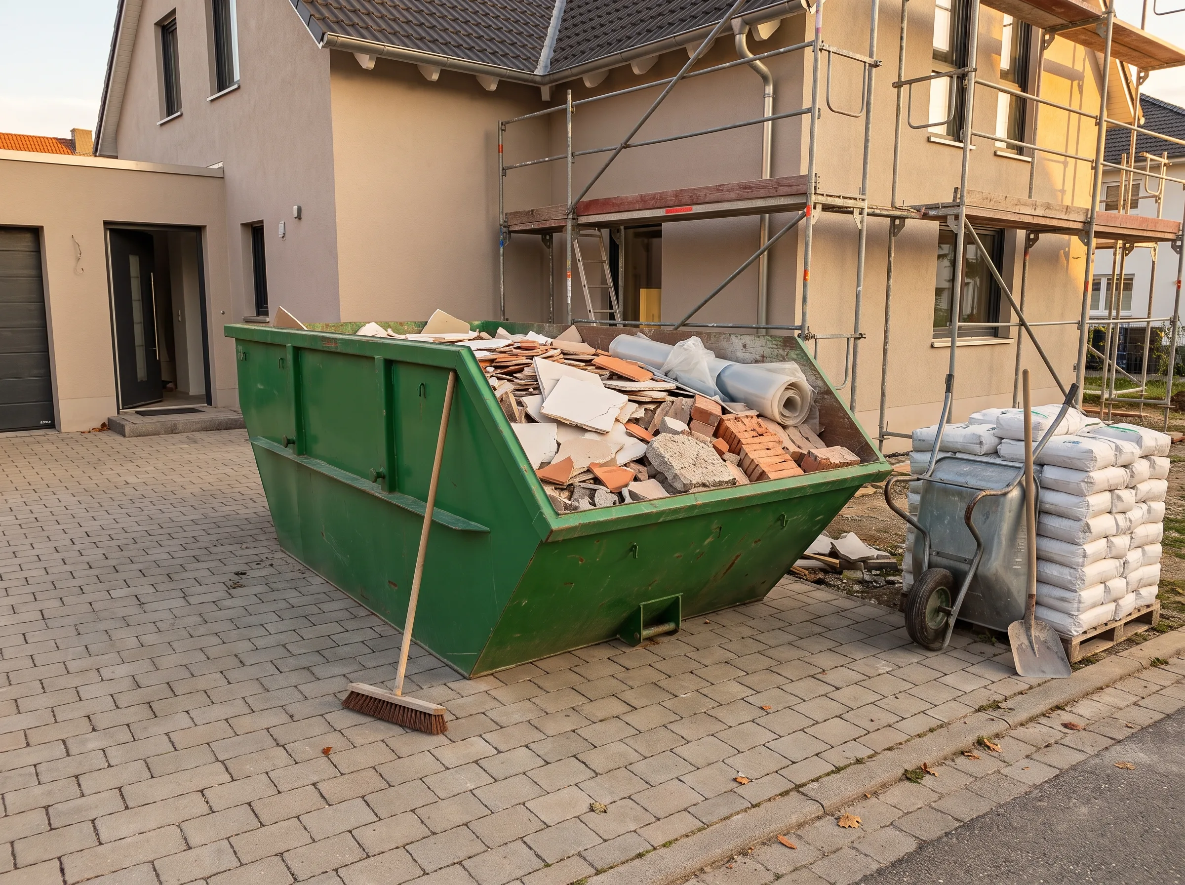 Abfallcontainer mit Bauabfällen und Materialien auf einer Baustelle