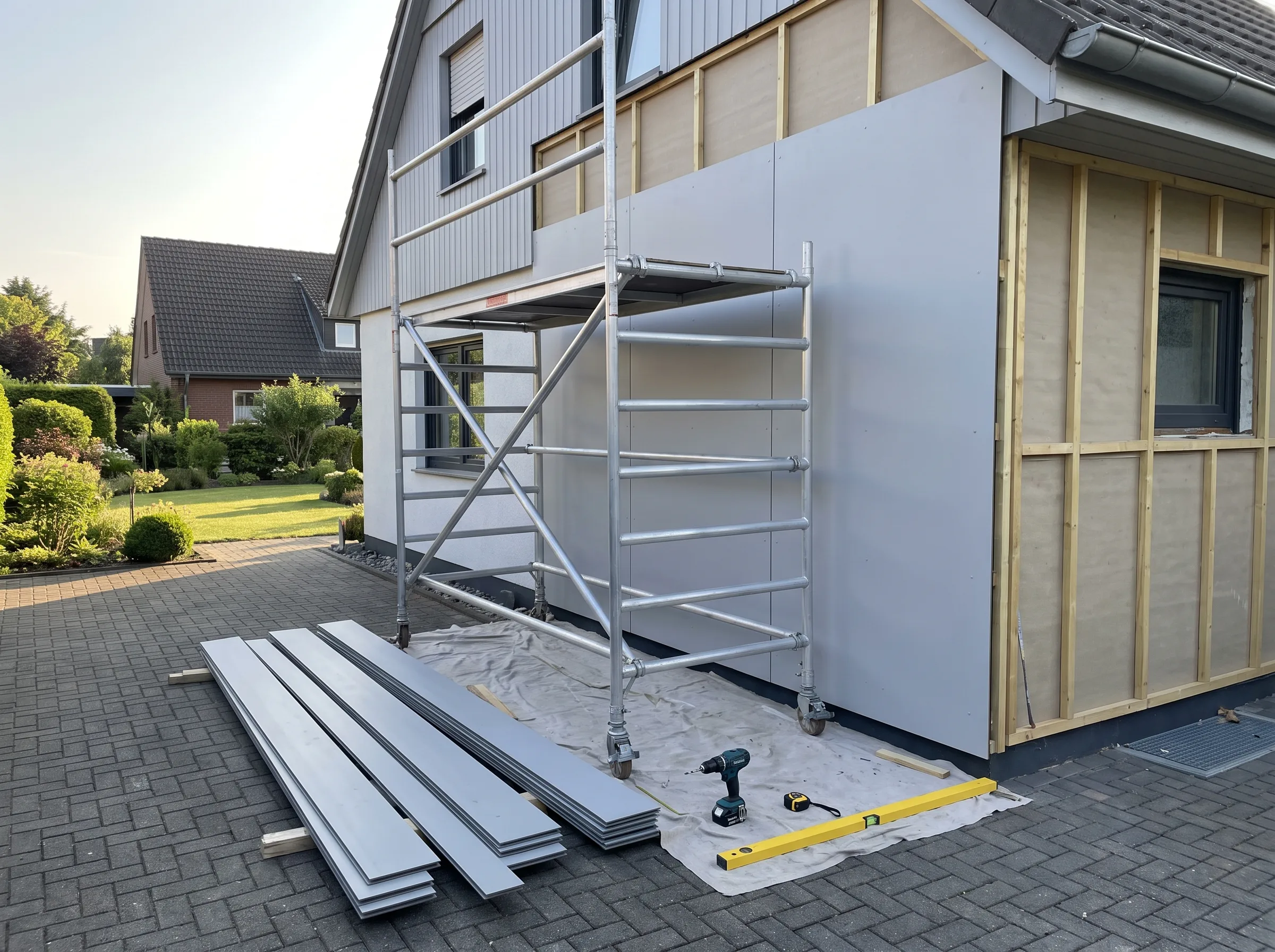 Fassade mit Gerüst und Dämmmaterial für die Wärmedämmung in der Fertigstellung