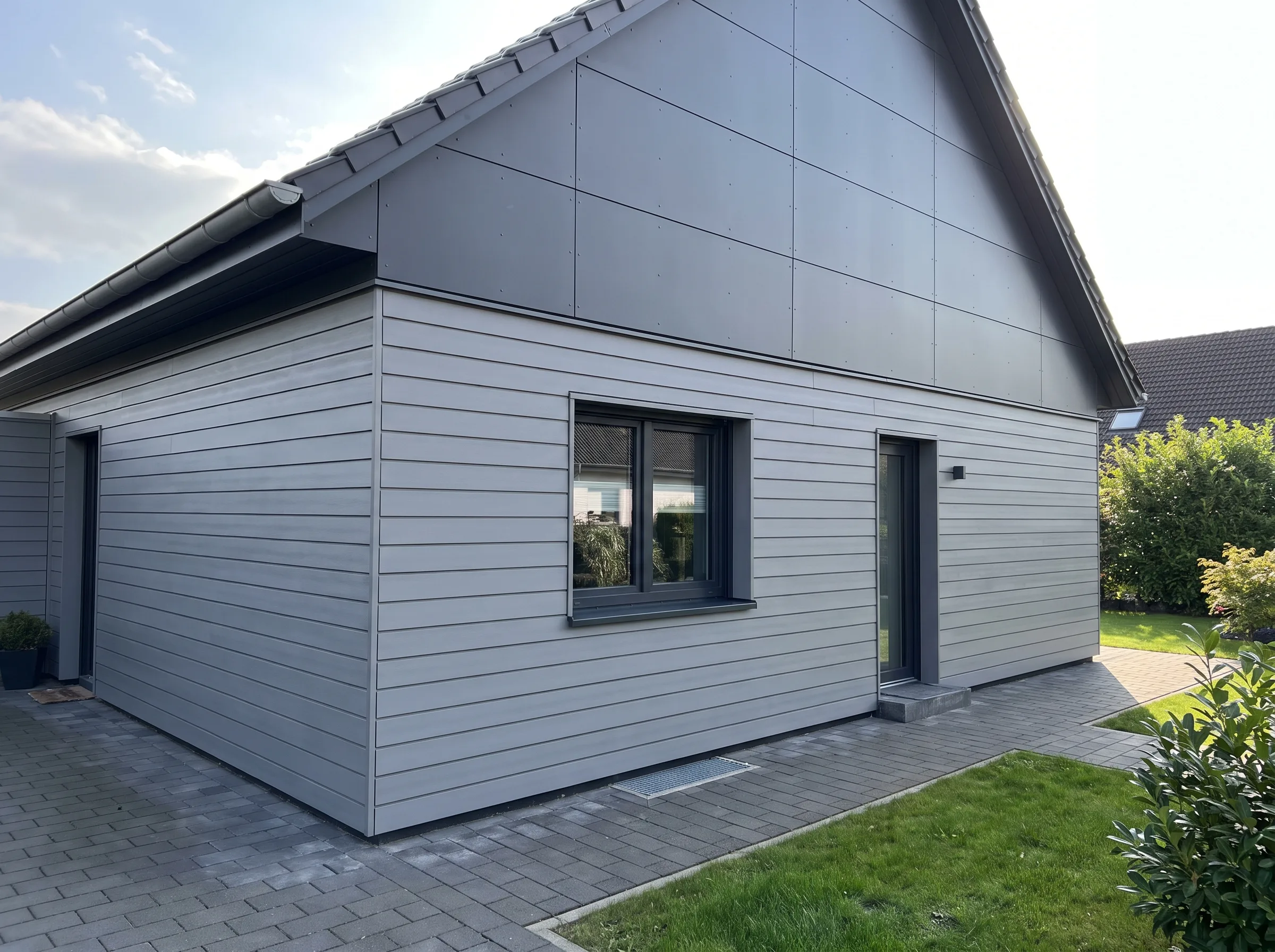 Außenansicht eines modern renovierten Hauses mit Fassadenverkleidung