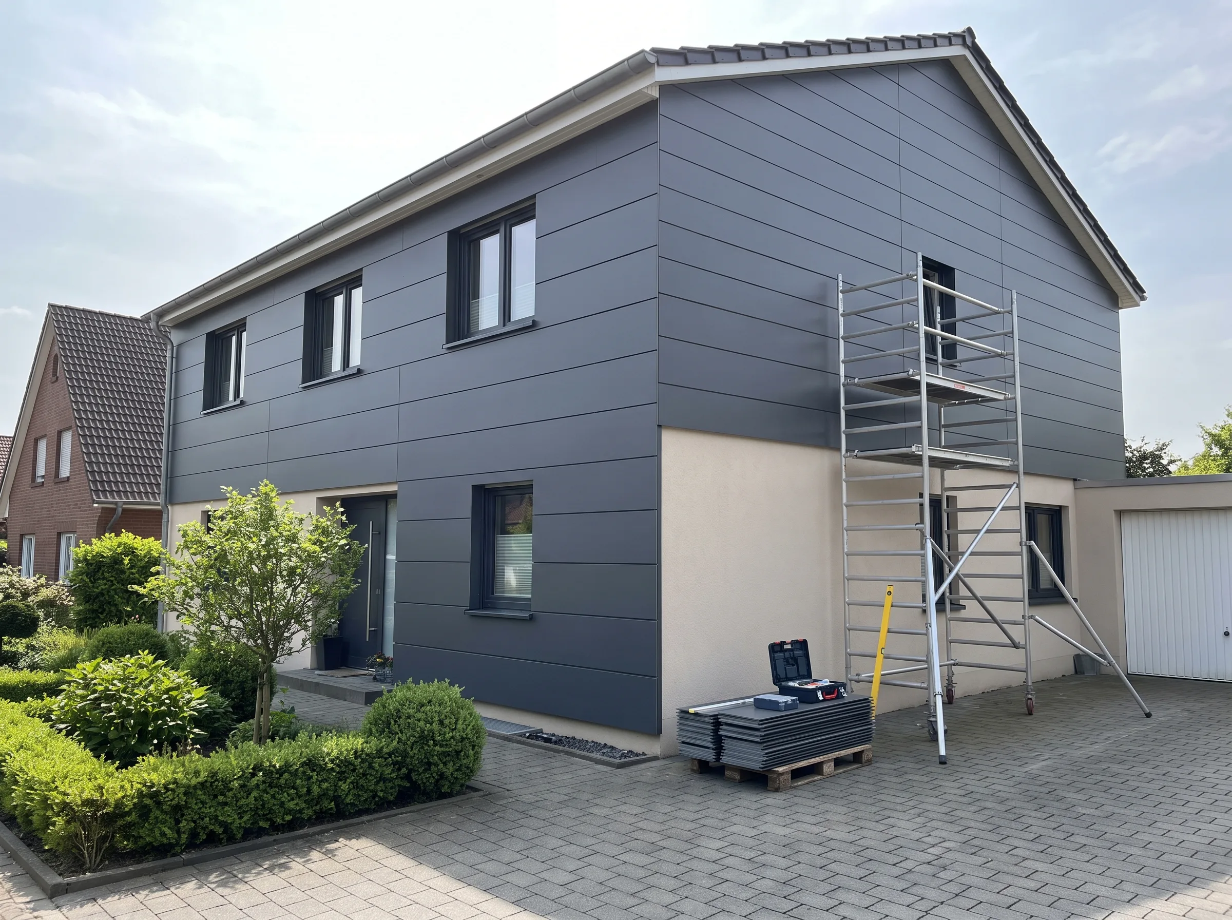 Fassade mit moderner Verkleidung und Gerüst für Wartungsarbeiten
