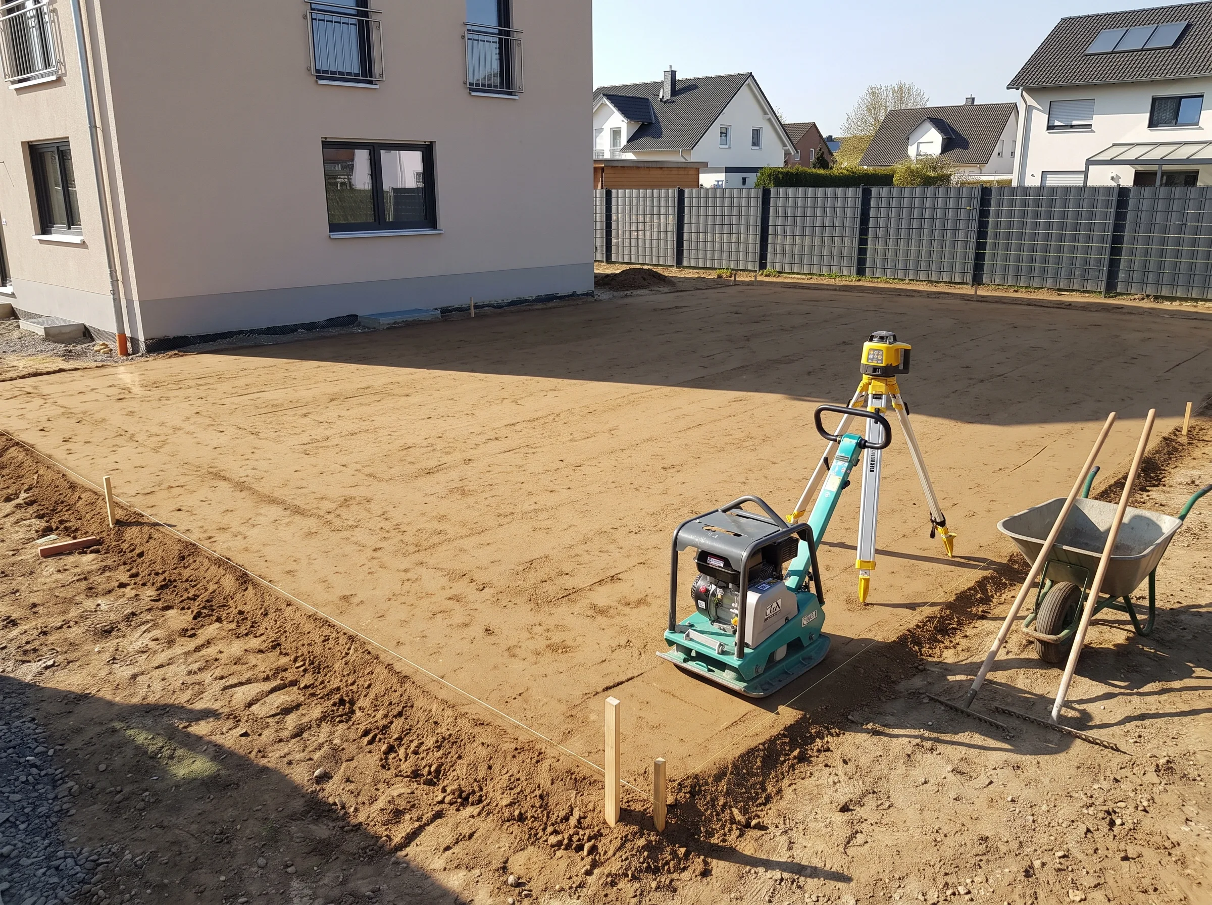 Erdarbeiten mit Bodenverdichter auf einer vorbereiteten Fläche für die Terrassenbau