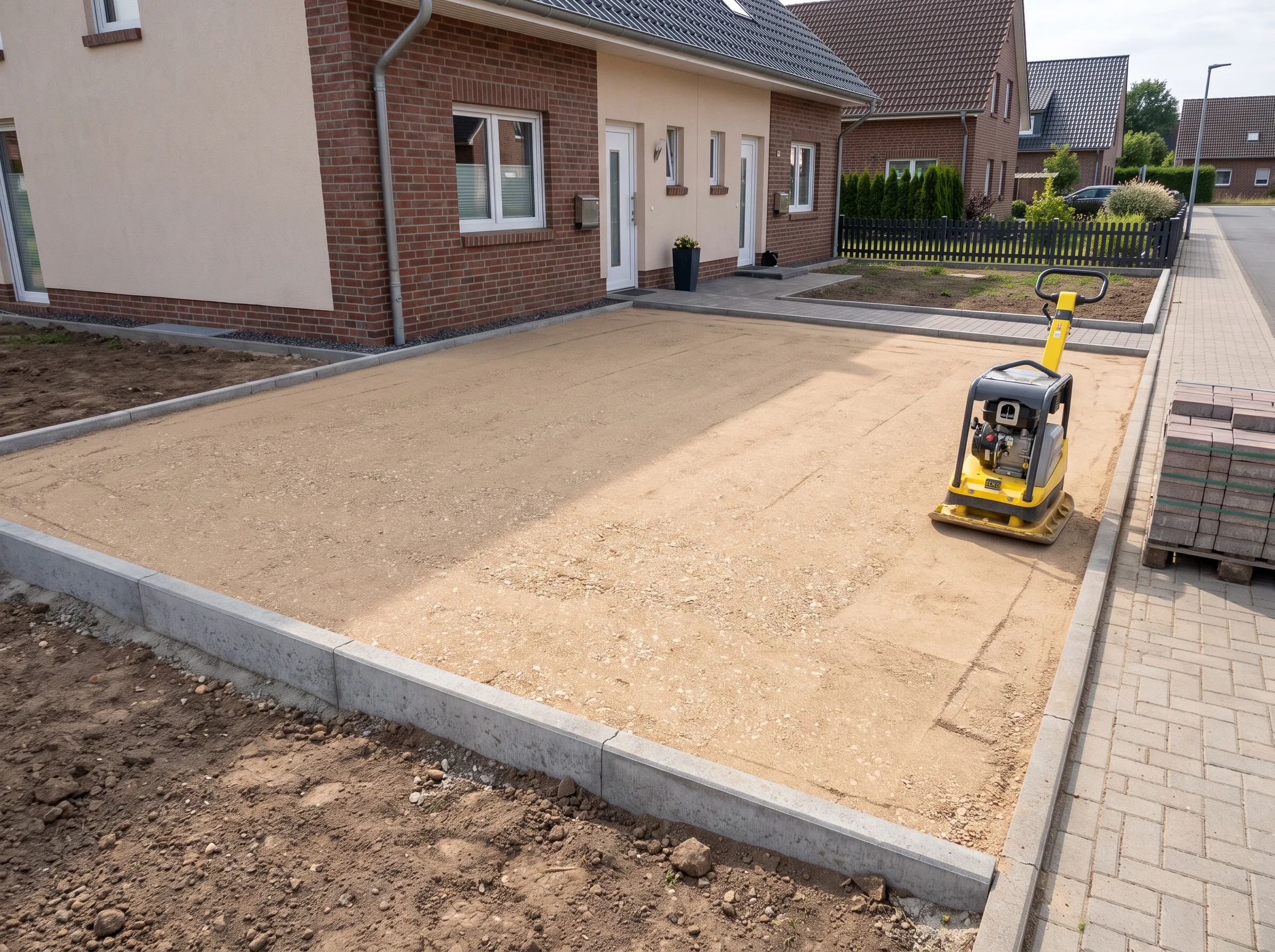 Einsatze eines Rüttelgeräts auf einem vorbereiteten Platz für Pflasterarbeiten