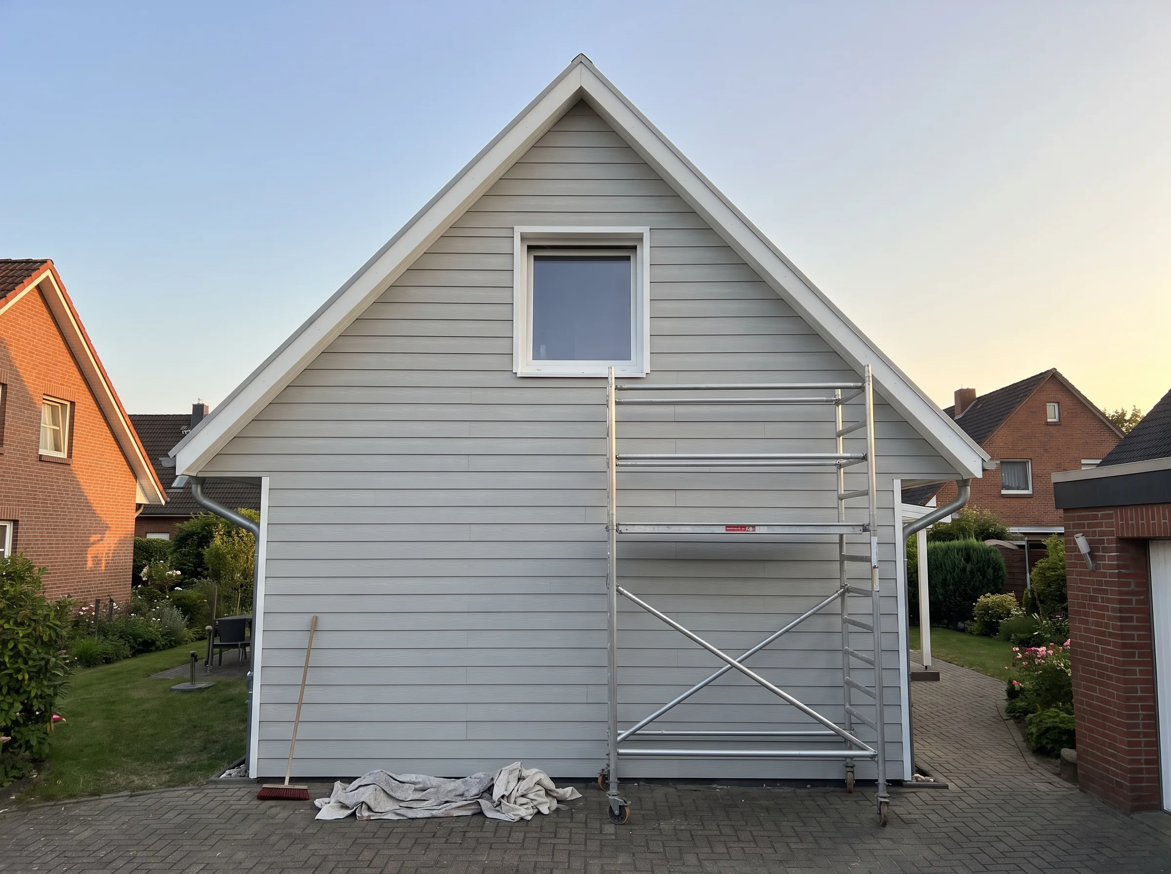 Fassade eines Hauses mit Gerüst für die Fassadenverkleidung
