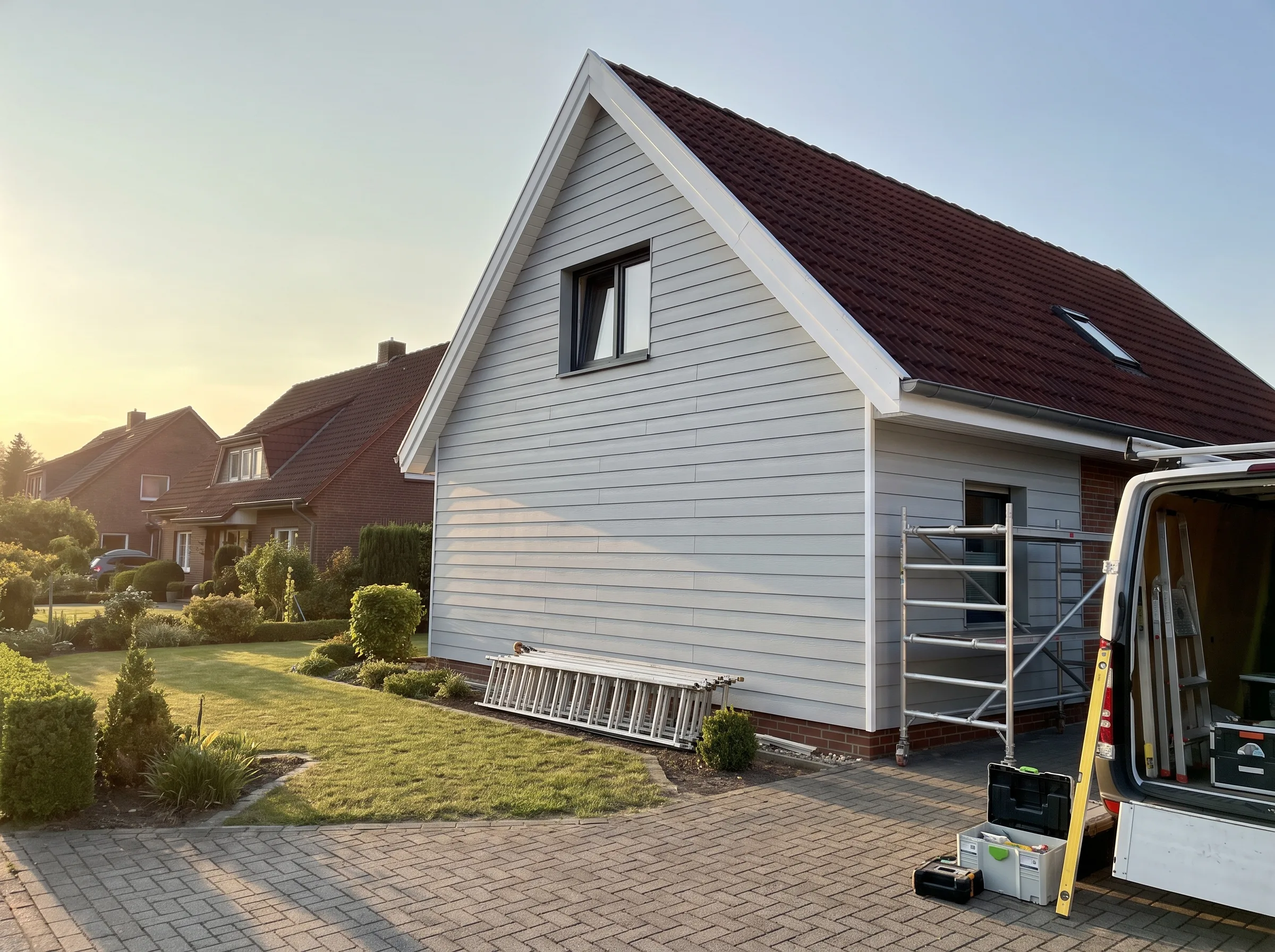 Ein Haus mit neuer Fassadenverkleidung und Gerüst, umgeben von Pflanzen