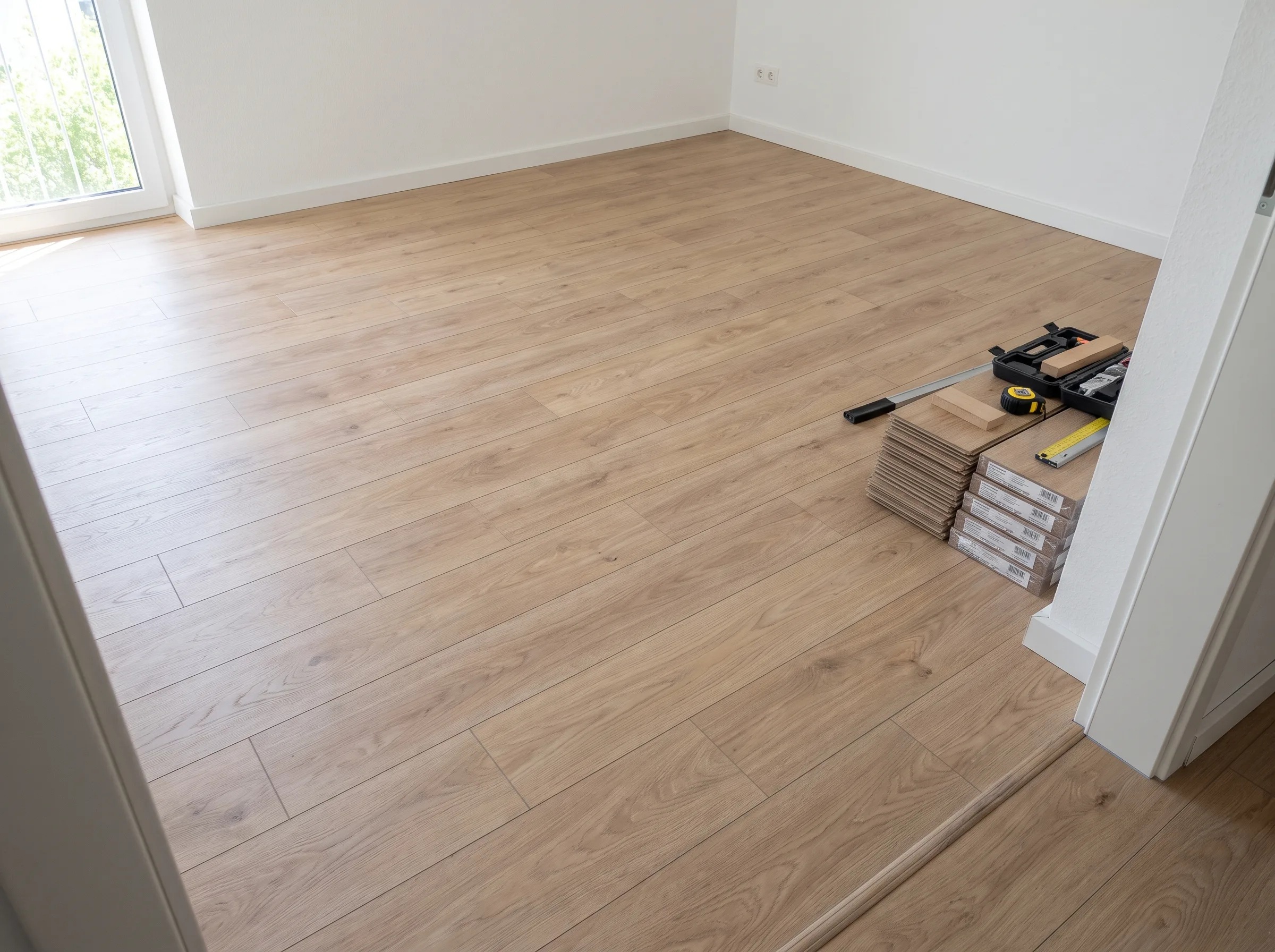 Verlegtes Laminat in einem renovierten Raum mit Werkzeugsortiment