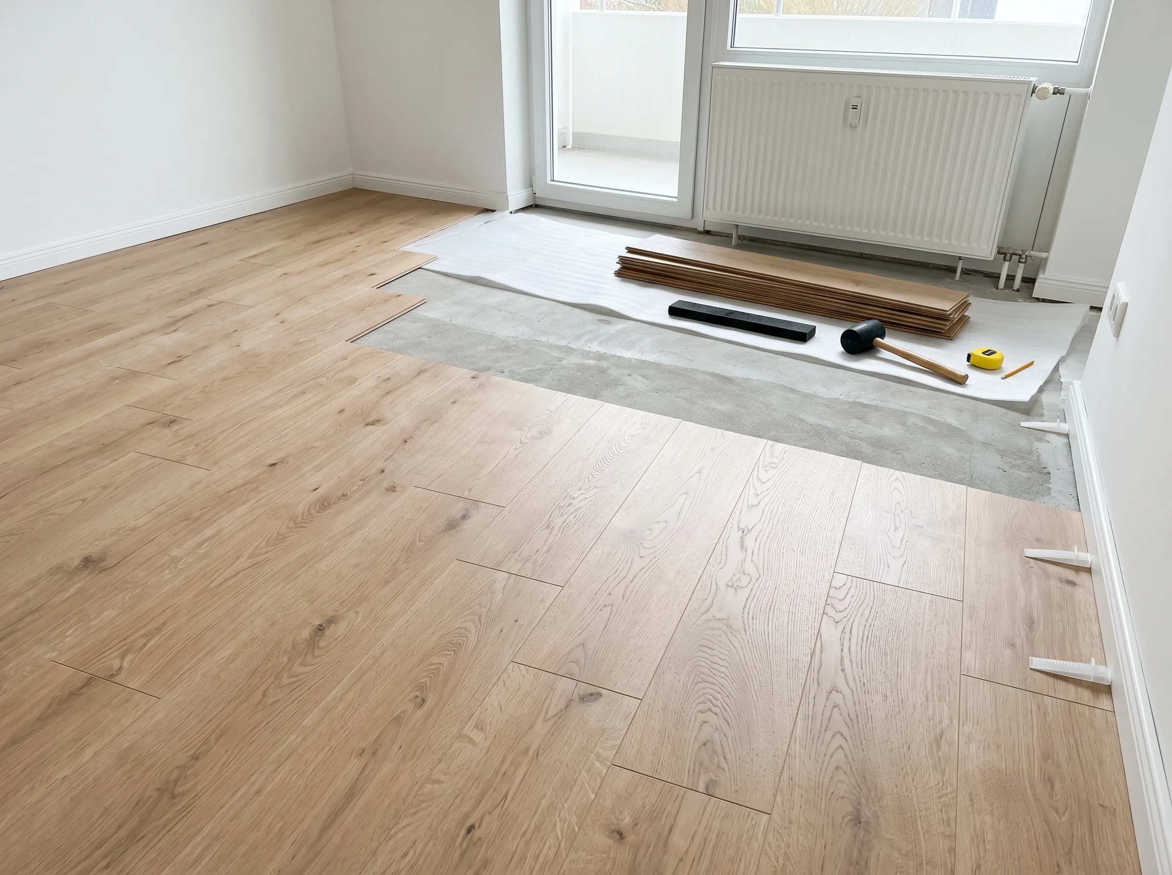 Neu verlegter Laminatboden in einem hellen Raum, bereit für den Abschluss der Arbeiten