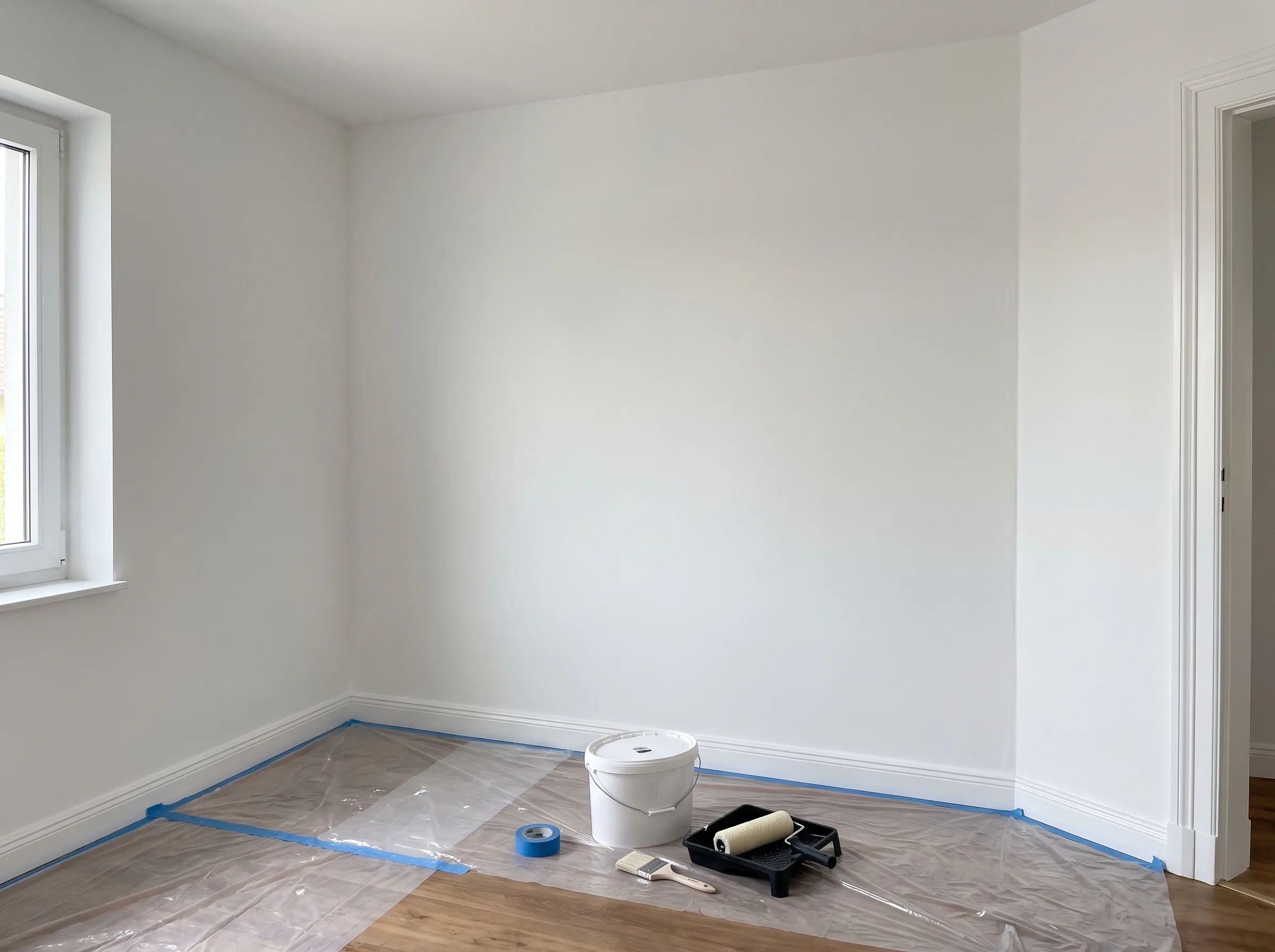 Frisch gestrichene Wand mit Malerwerkzeug und Abdeckfolie im Raum