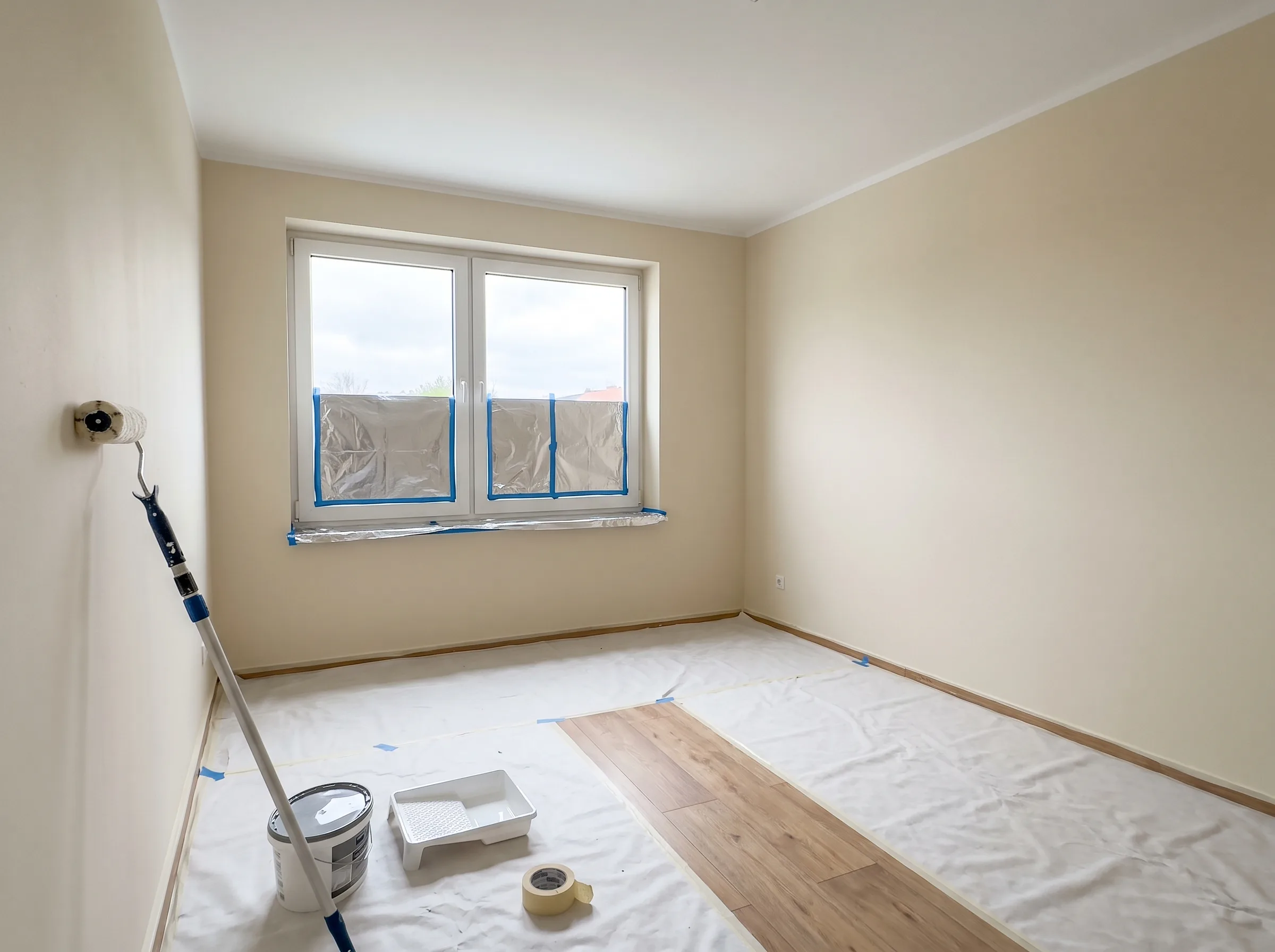 Lichtdurchfluteter Raum mit frisch verlegtem Laminat und Malerarbeiten