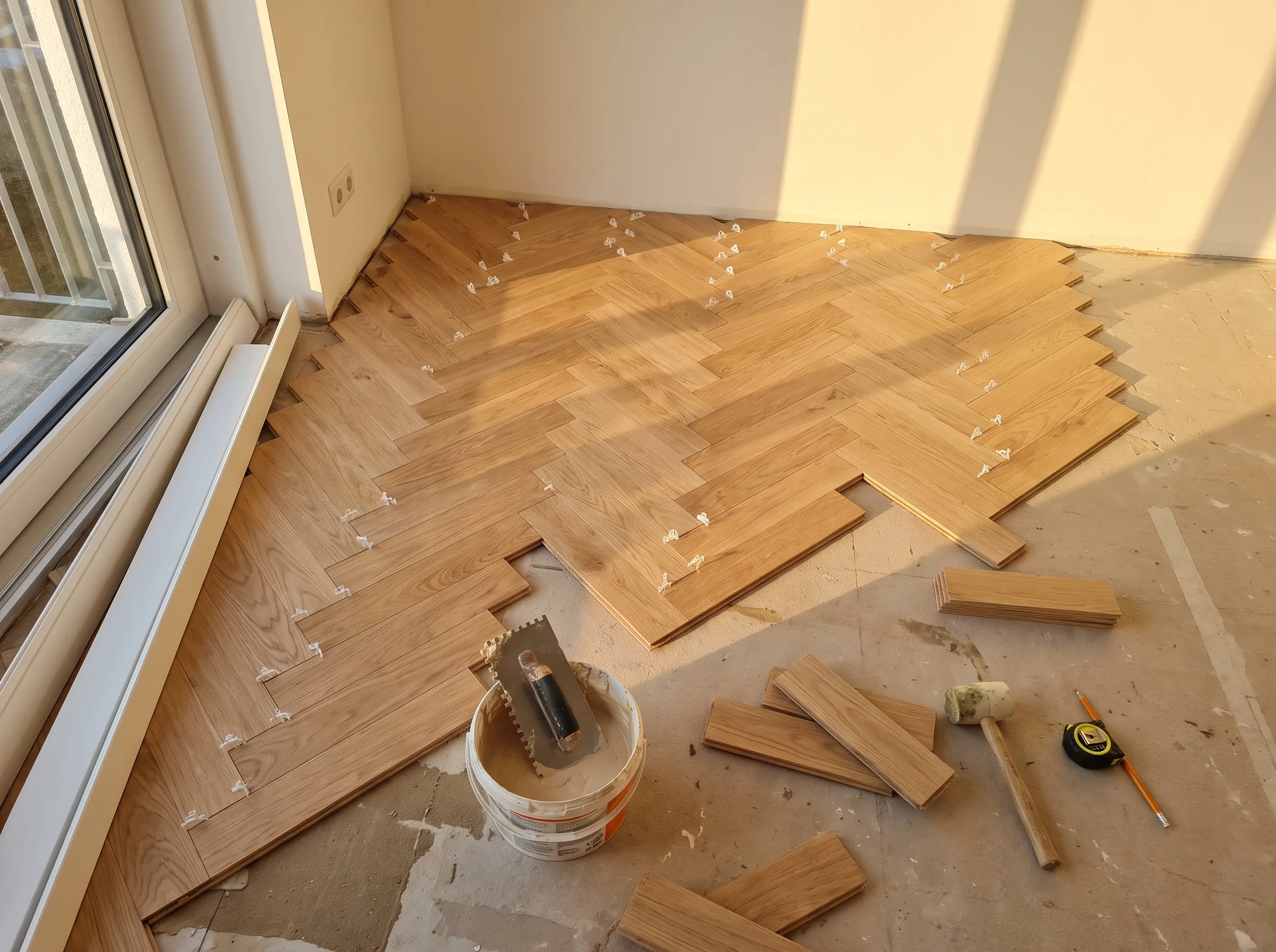 Verlegung von Parkettboden in einem Raum mit viel Tageslicht
