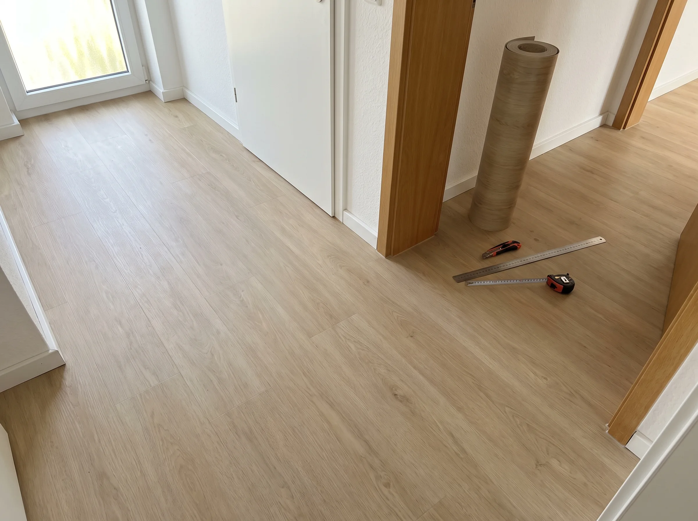 Neu verlegter Vinylboden im Flur mit Werkzeugen und Sicht auf die Tür