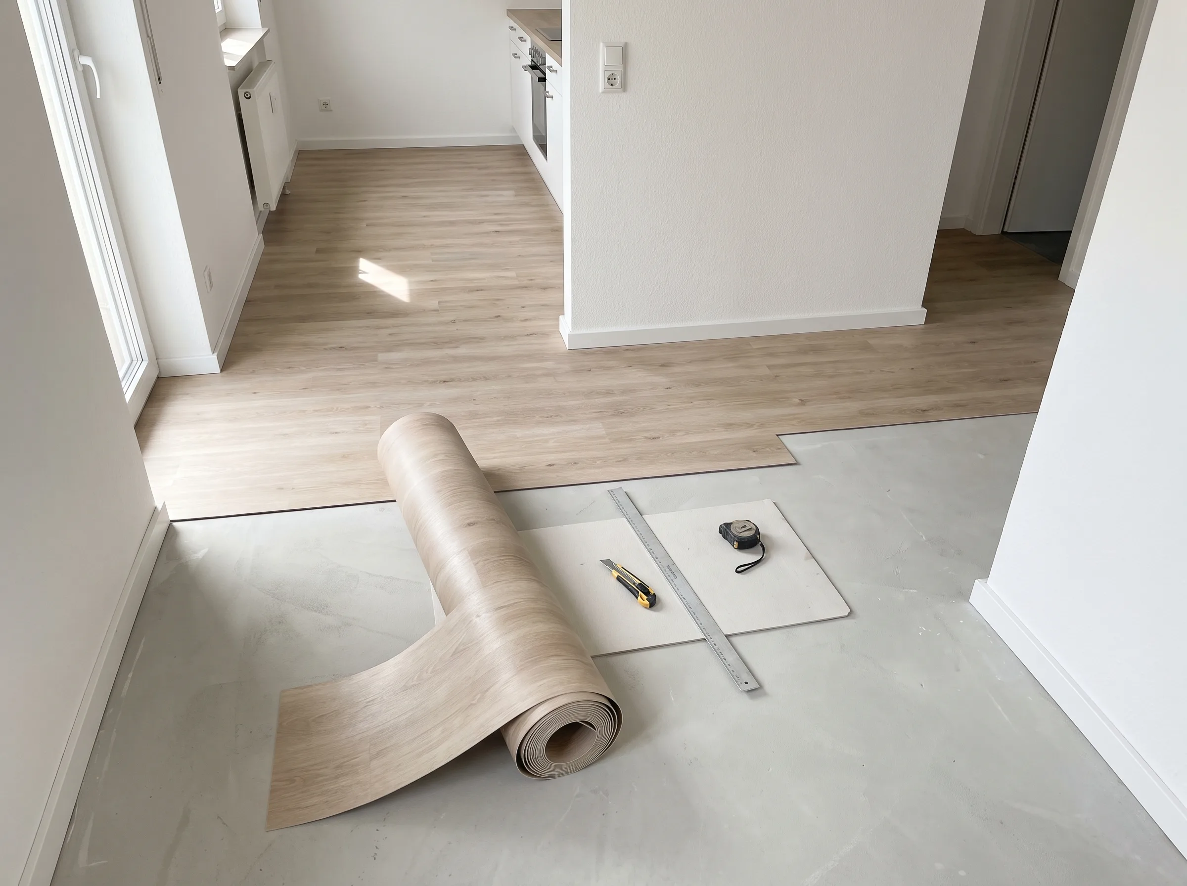 Bodenverlegung mit Laminat und Werkzeug auf einem neuen Fußboden