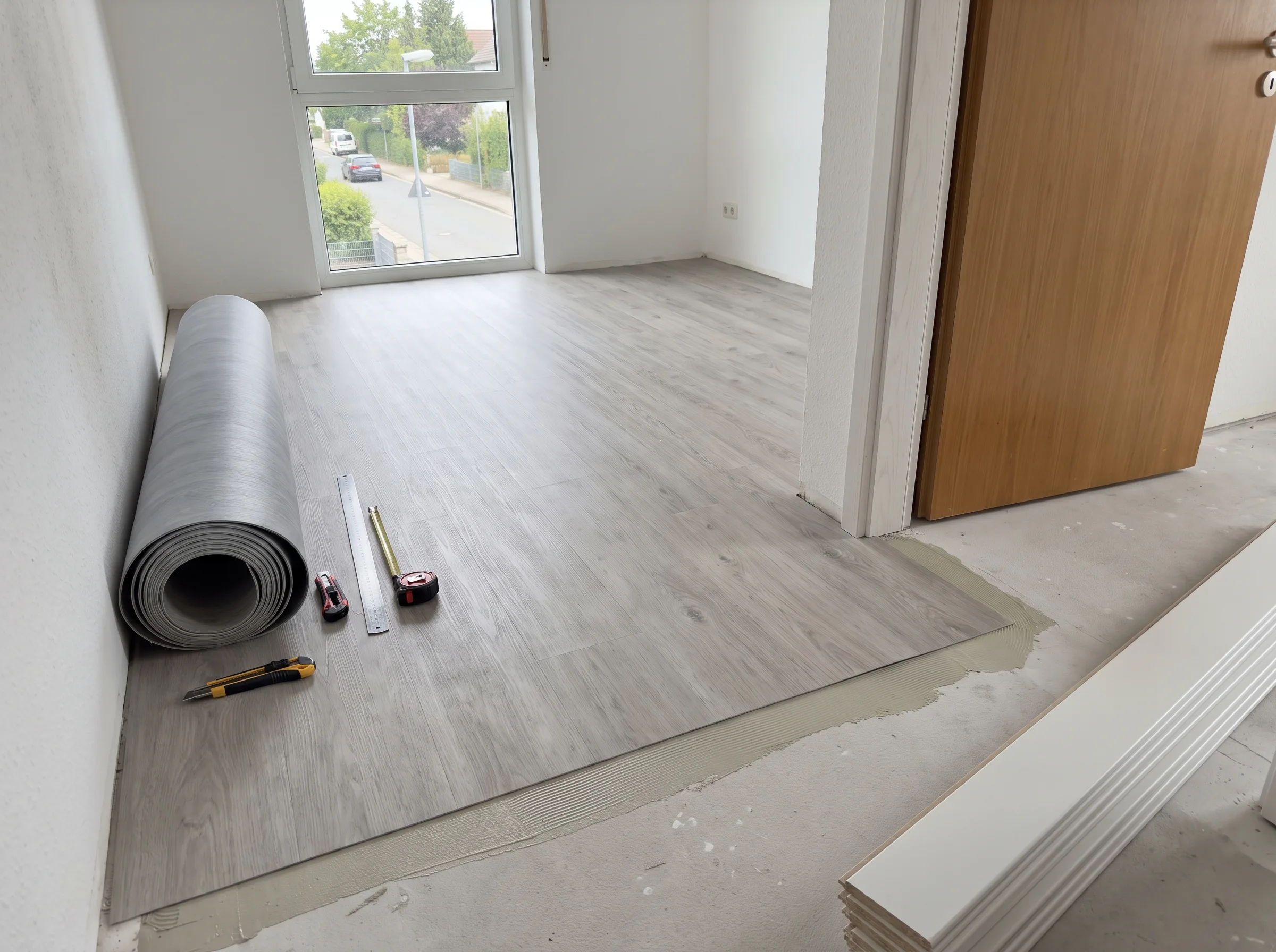 Verlegung von Vinylboden in einem renovierten Raum mit Werkzeugen und Materialien