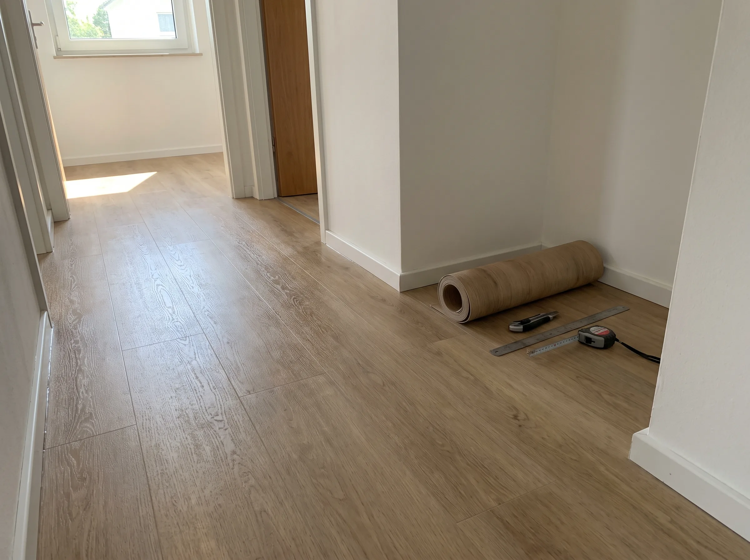 Neu verlegter Boden mit Laminat in einem hellen Flur, Werkzeuge liegen bereit
