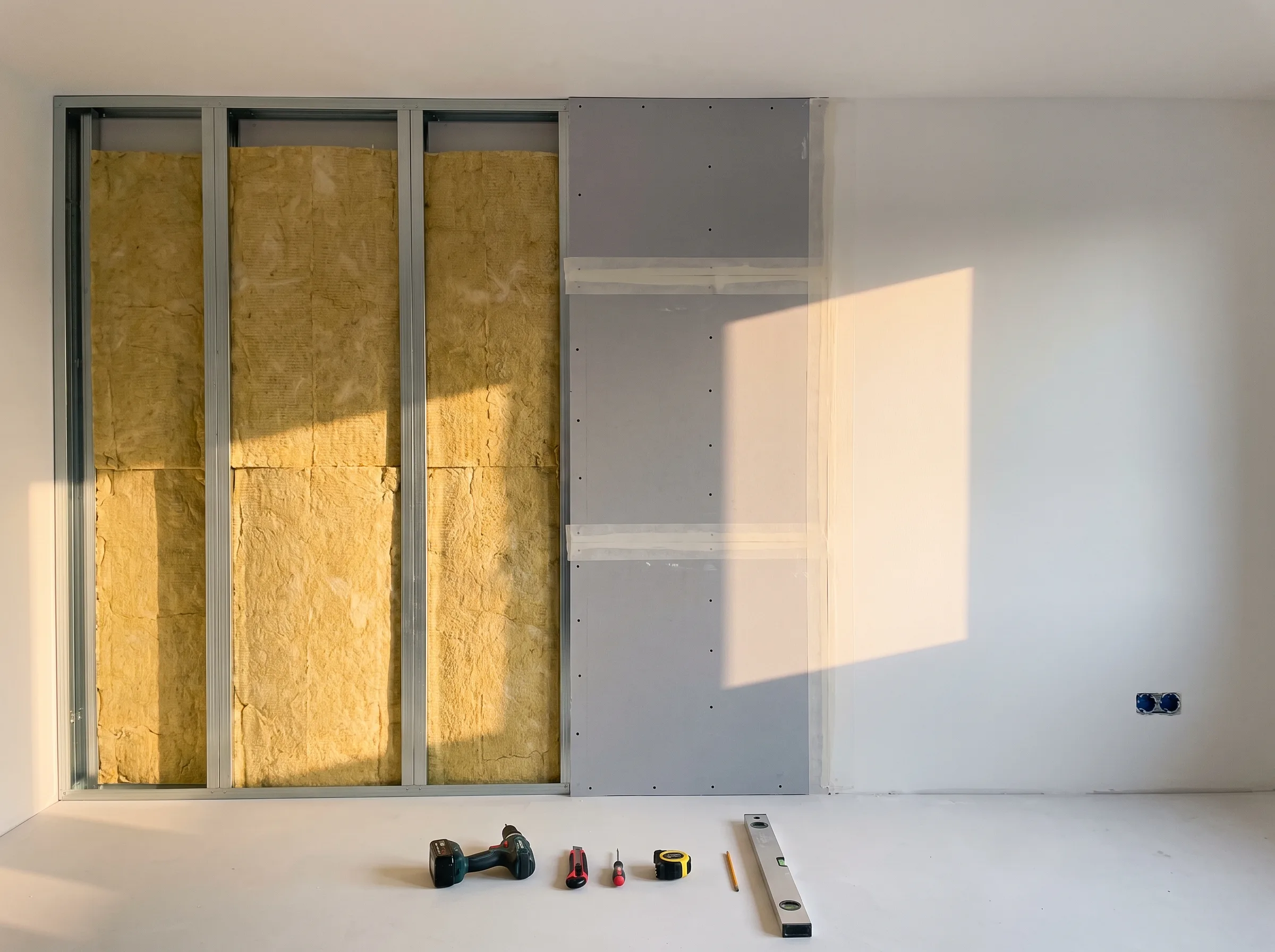Trockenbau mit Dämmmaterial und Werkzeugen auf dem Boden