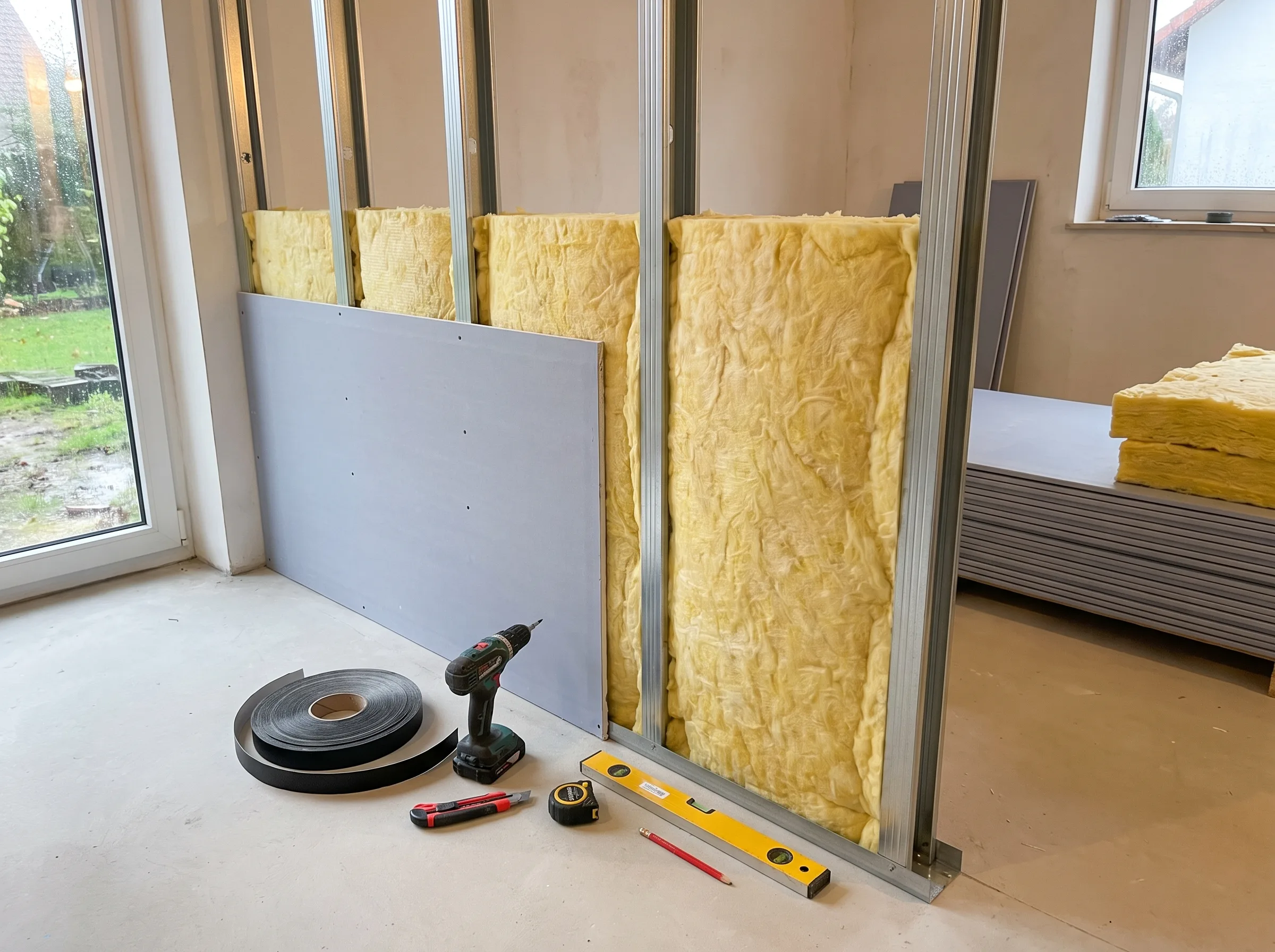 Trockenbau mit isolierenden Platten und Werkzeugen zur Wandverkleidung