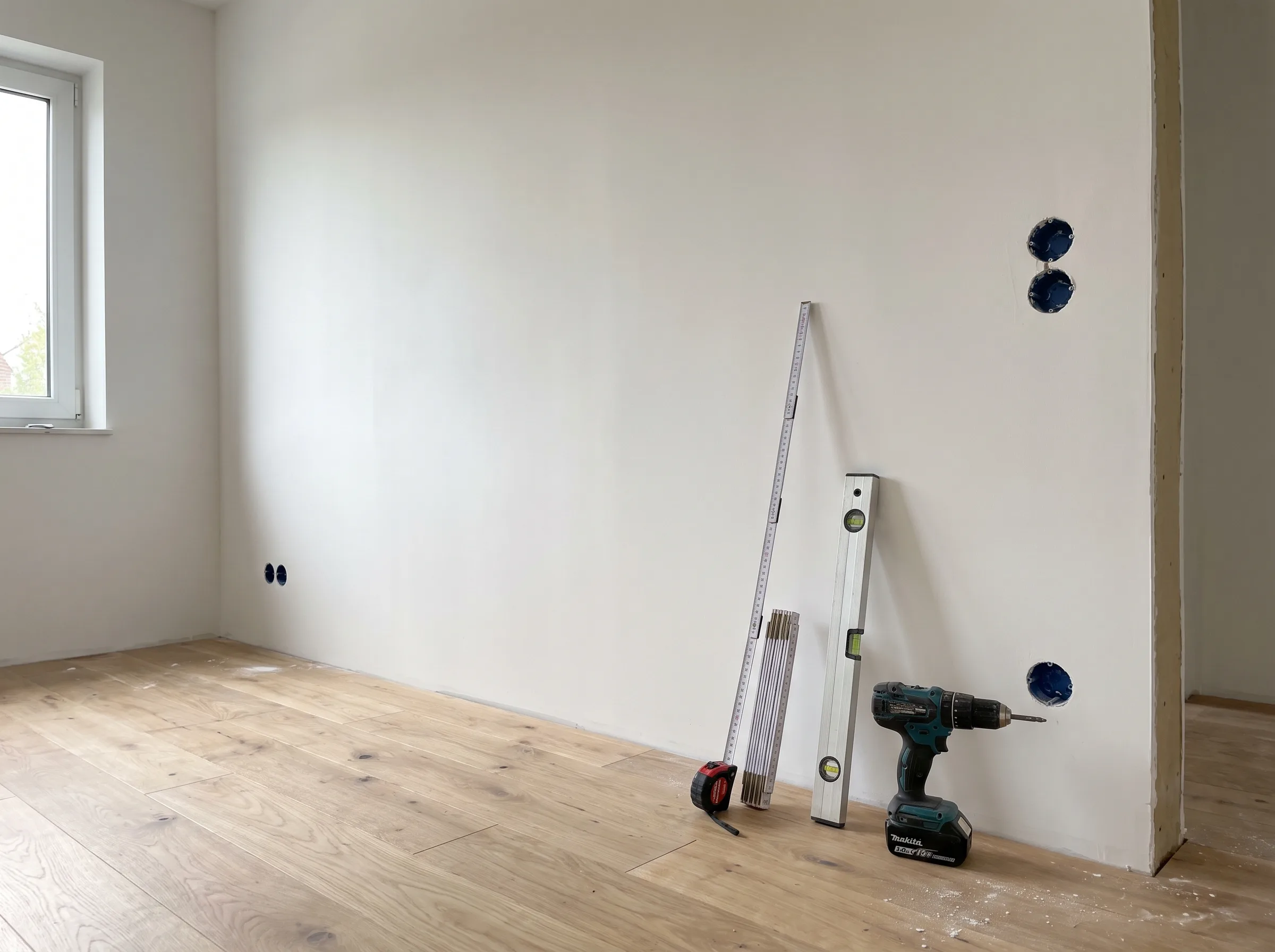 Vorbereitung für Malerarbeiten in einem Raum mit Holzfußboden und Werkzeugen