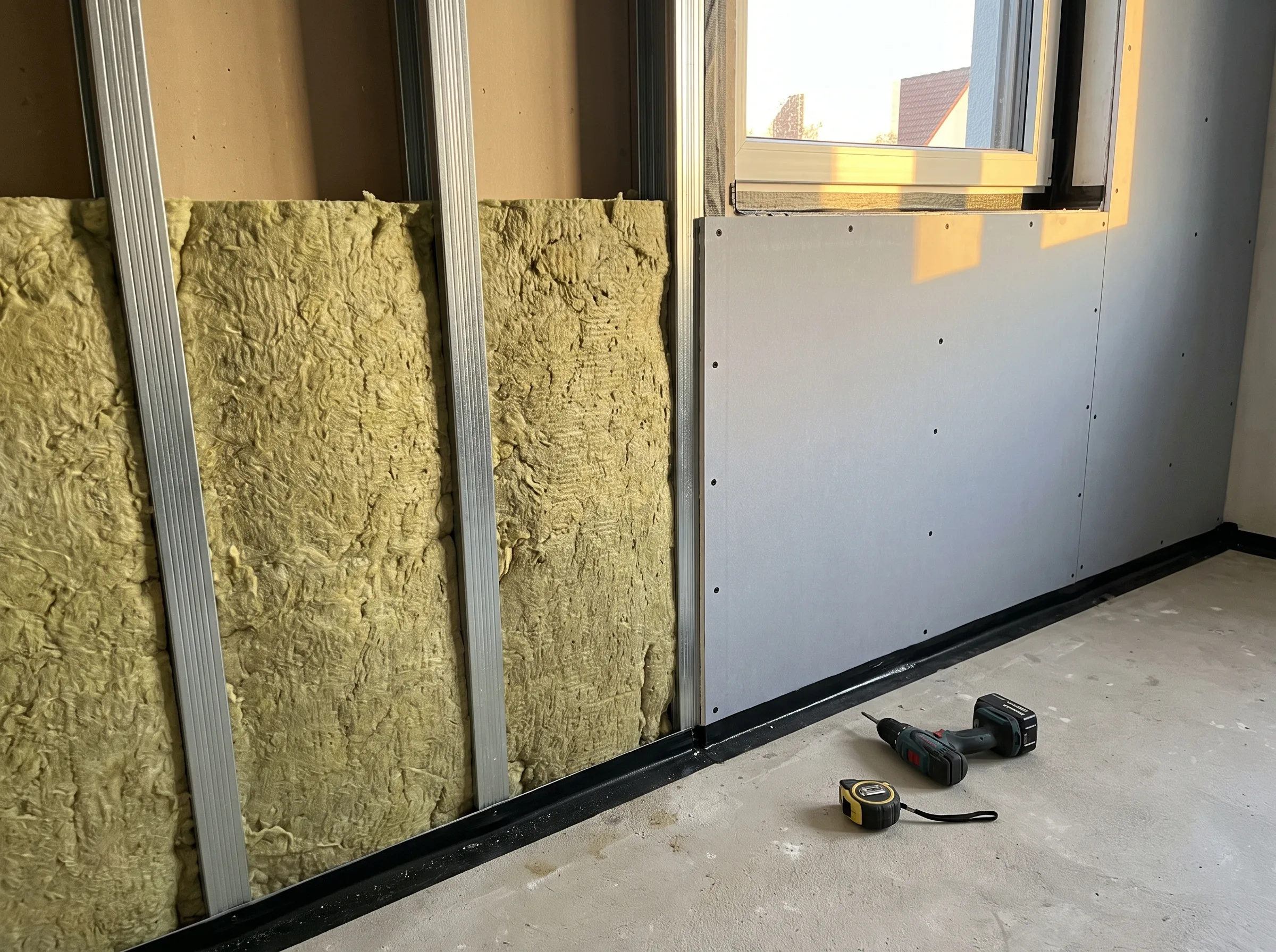 Ansicht einer Wand mit Trockenbau und Wärmedämmung in einem Renovierungsprojekt