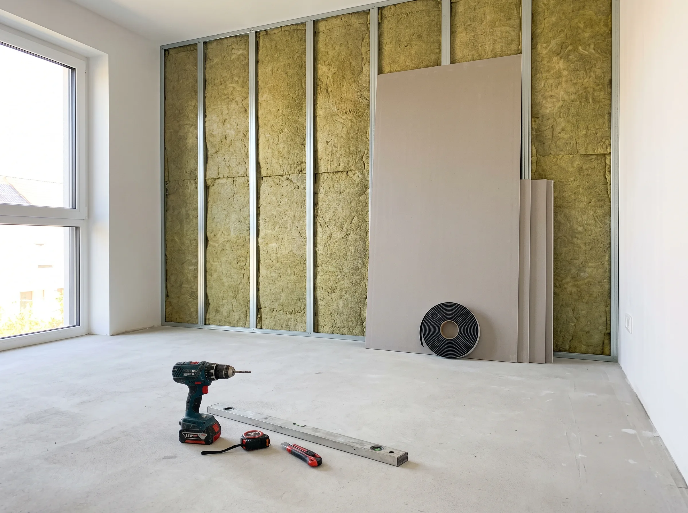 Baustelle mit Trockenbau-Materialien und Werkzeug, bereit für Wandverkleidung