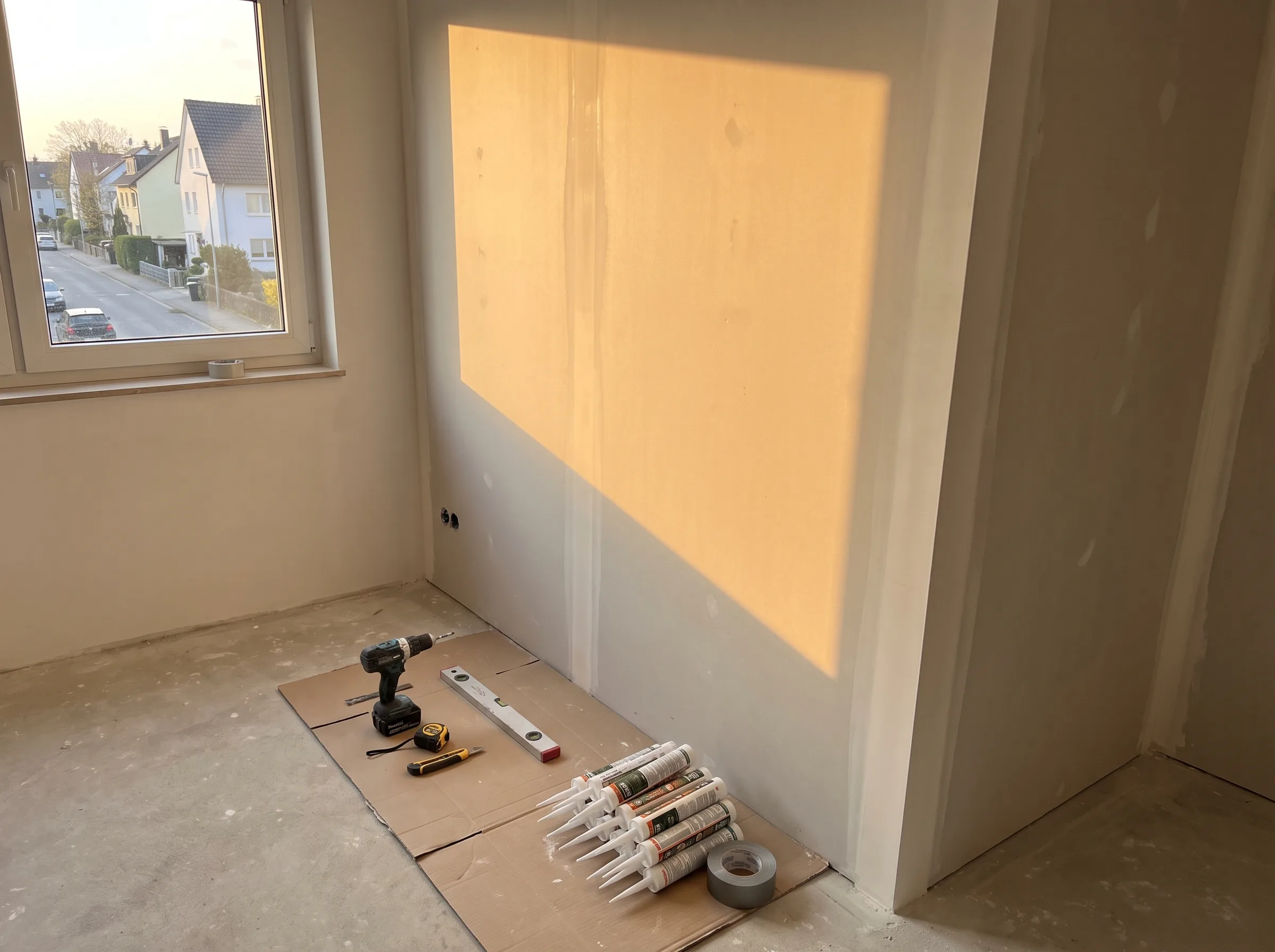 Baustelle mit Werkzeuge, darunter ein Bohrmaschine und Baukleber auf Boden