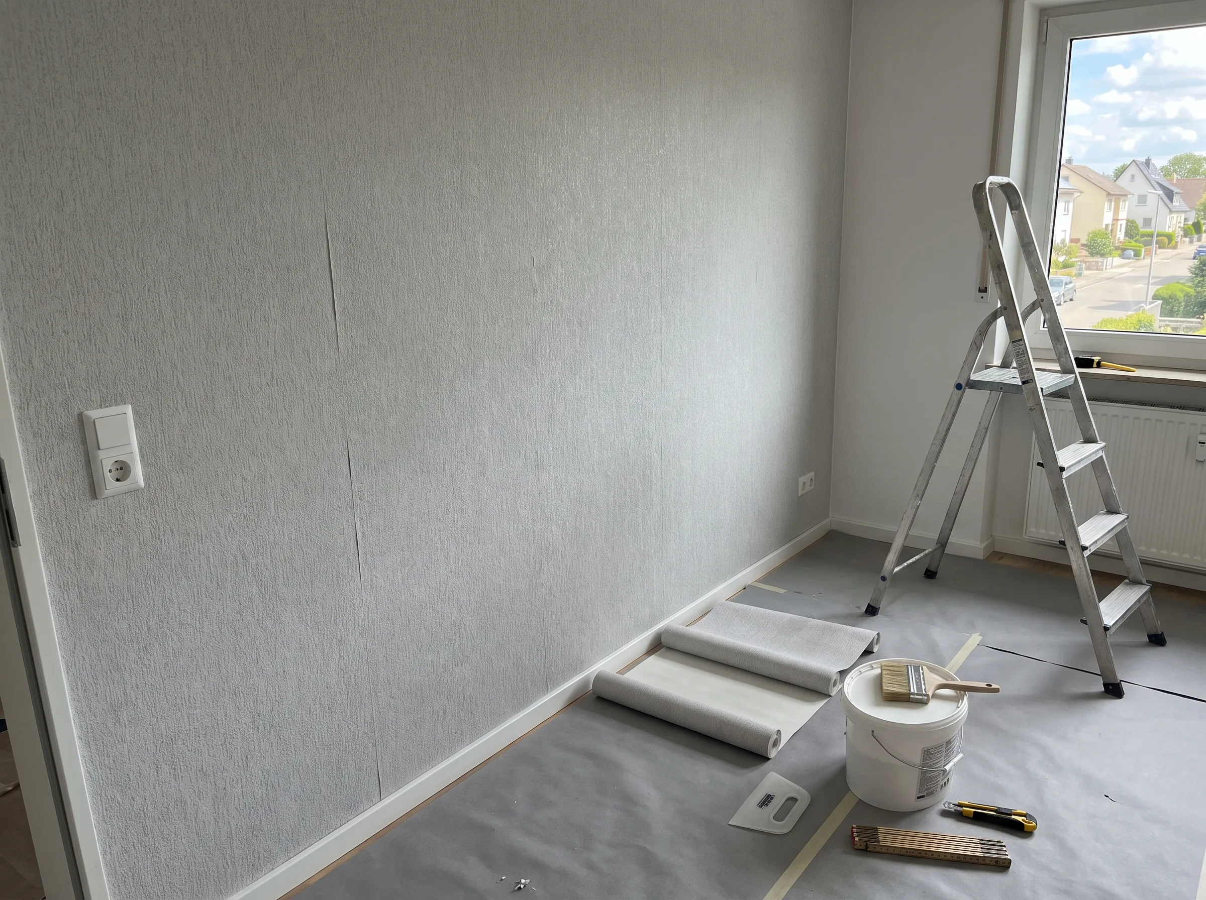 Sicht auf eine vorbereitete Wand für Malerarbeiten mit einer Leiter und Materialien