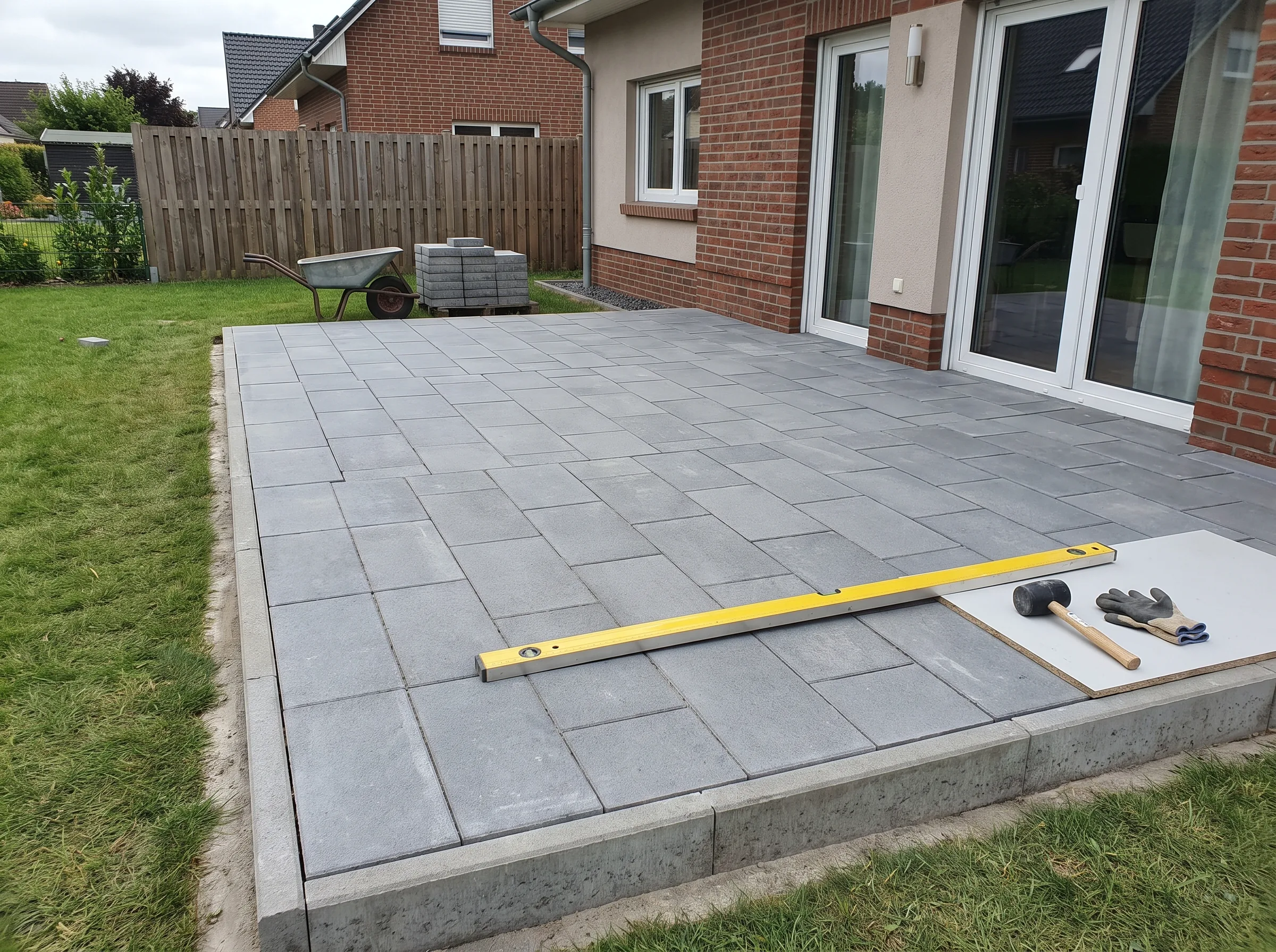 Terrasse mit grauen Pflastersteinen und Werkzeugen im Vordergrund