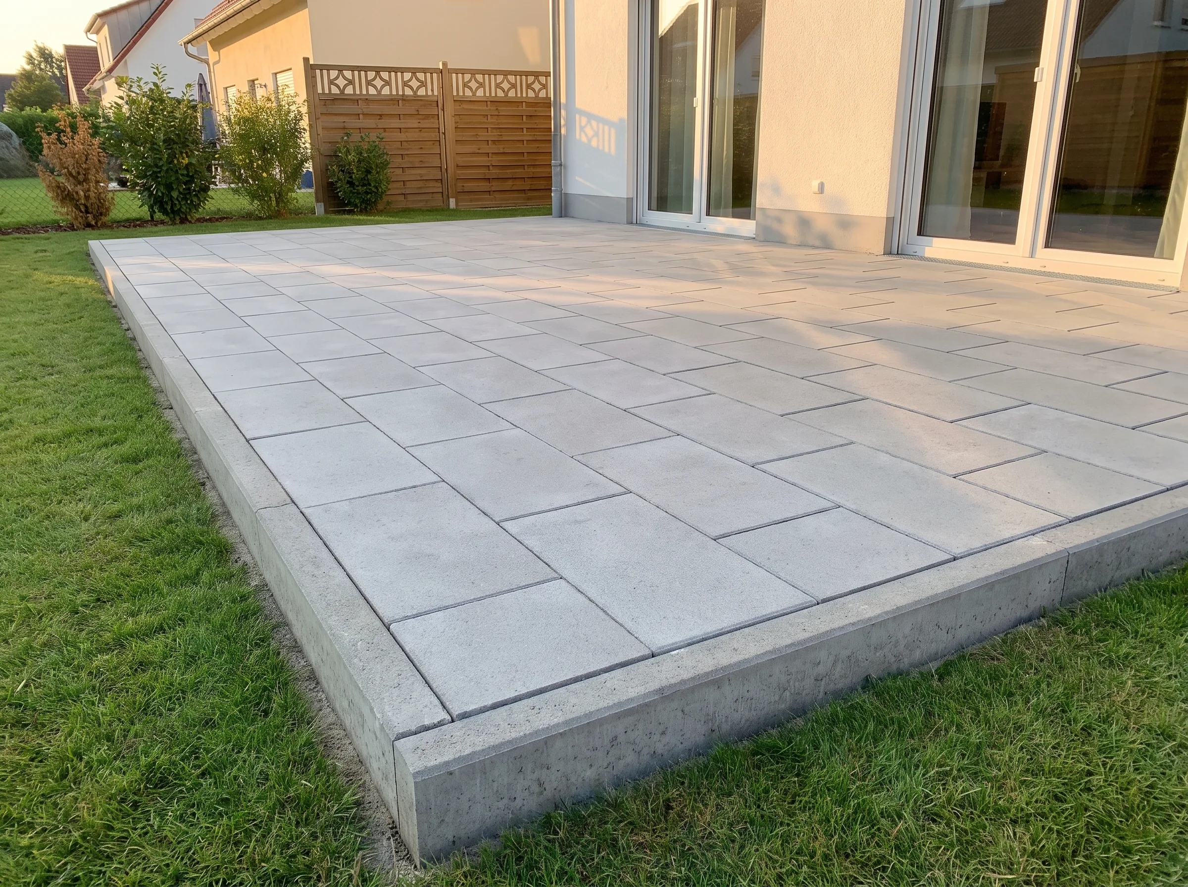 Terrassenbau mit modernen Pflastersteinen auf der neu gestalteten Terrasse