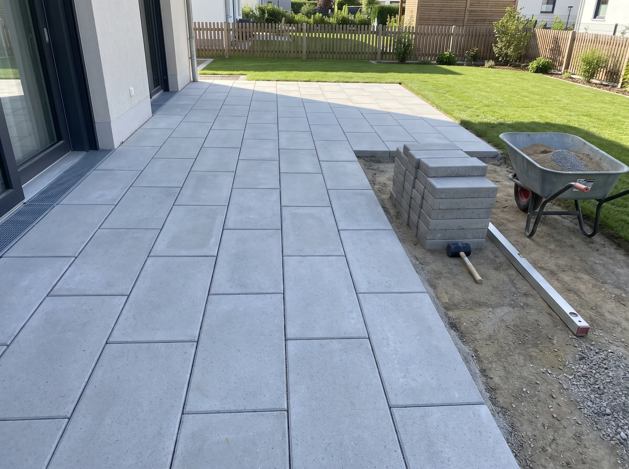 Terrassenbau mit hellen Betonplatten und Werkzeugen in einem Garten