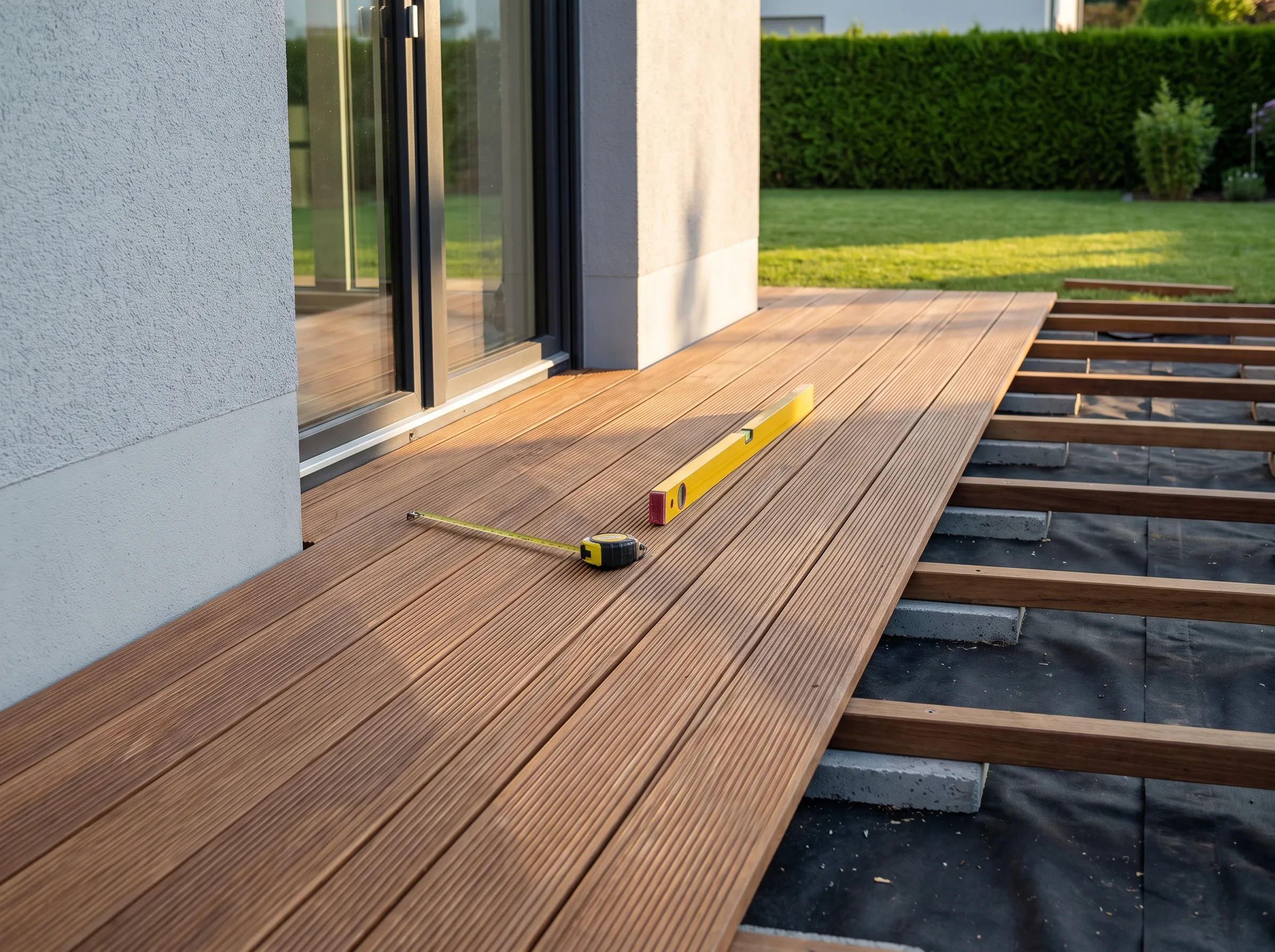 Sicht auf eine terrasse mit Holzbelag und Werkzeugen
