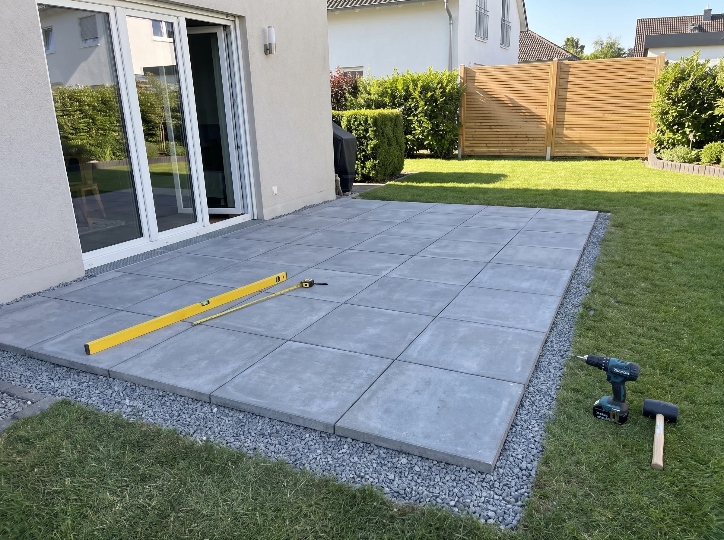 Neue Terrasse mit Pflastersteinen, Nivellierung und Bauwerkzeugen im Garten
