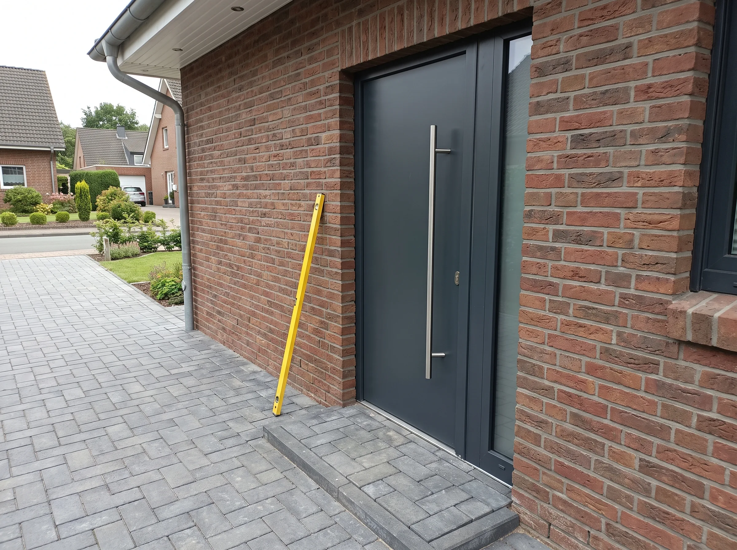 Eingangsbereich mit grauer Tür und verkleideter Fassade, gepflasterter Weg