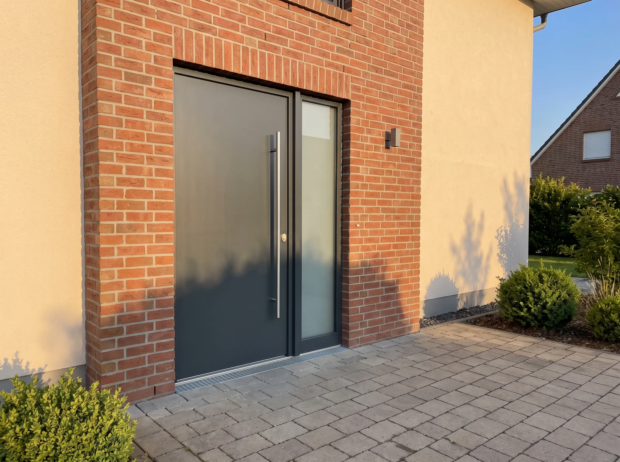 Moderne Eingangstür mit Glas- und Holzverkleidung in einer Wohnumgebung