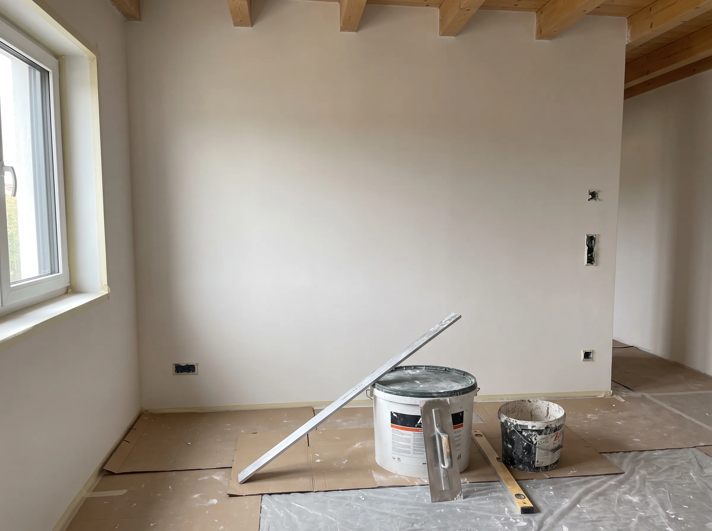 Innenraum mit frischer Wandfarbe und Malerarbeiten, bereit für die Fertigstellung