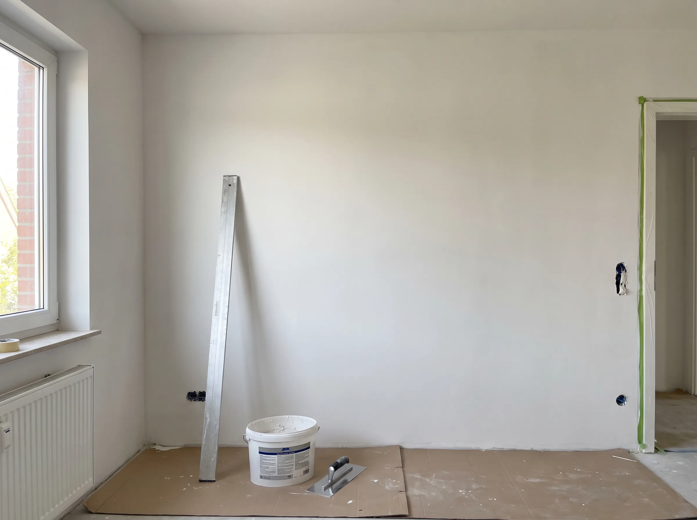 Innenwandverputzen mit Werkzeugen und vorbereitetem Raum für Malerarbeiten