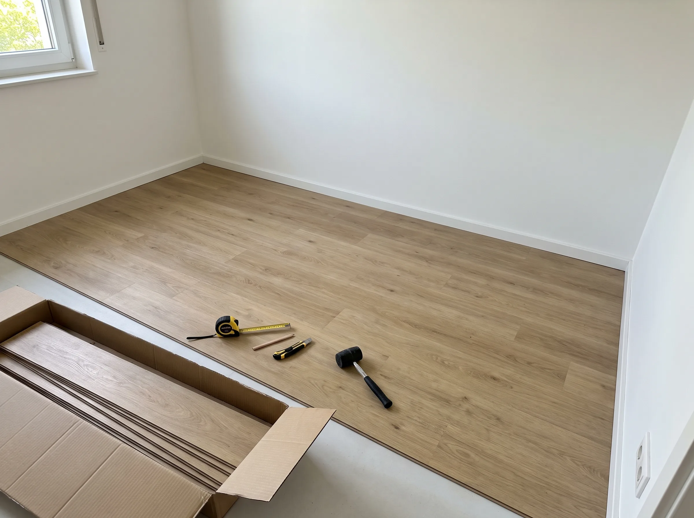Verlegung von Laminatboden in einem Raum mit hellem Licht